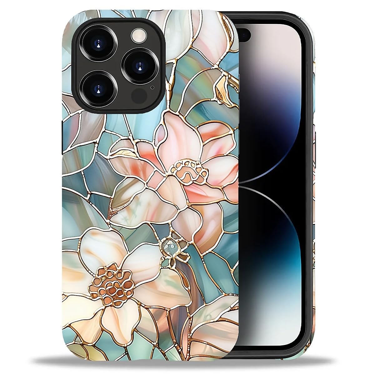 DAIZAG Compatible with iPhone 14 Pro Case,Flowers Stained Glass Gold Full Pattern Plastic Soft TPU Anti-Drop,Double Protection Corner Case for iPhone