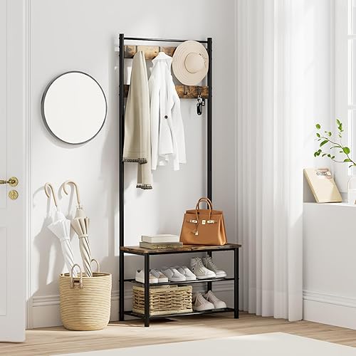 AEPOALUA Árbol de pasillo con banco y almacenamiento de zapatos, 3 en 1, perchero con banco de zapatos con marco de metal, 9 ganchos extraíbles,