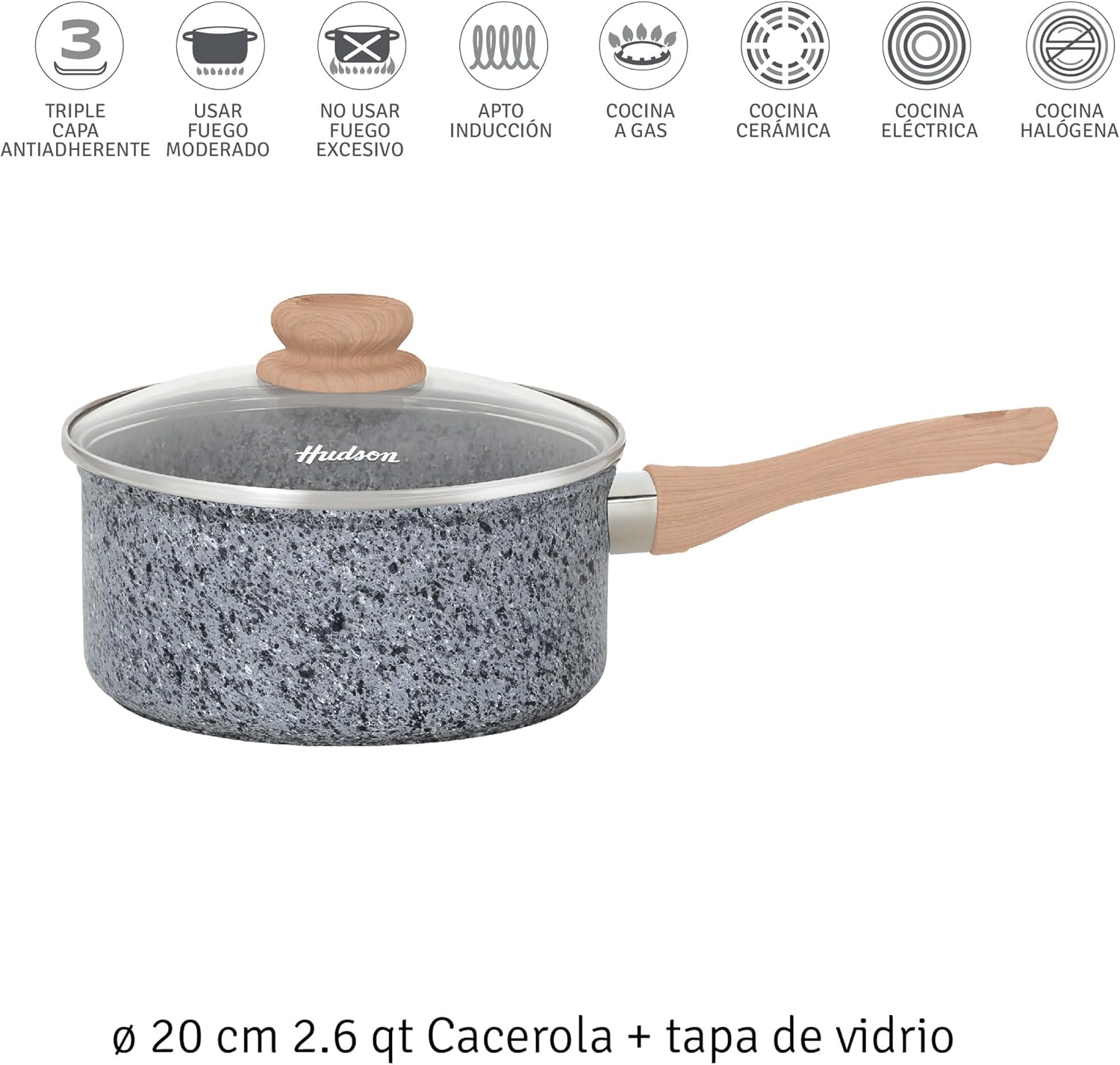 HUDSON 2.6-QT Aluminum Forged Pot with tempered glass lid, Granite Nonstick, Induction ready