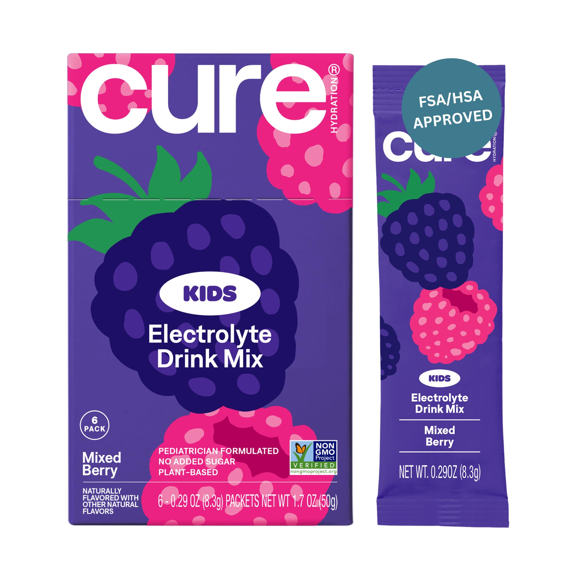 Cure Hydration - Kids Electrolyte Drink Mix | Plant-Based Pediatrician Formulated Rehydration | No Added Sugar, FSA-HSA, Non-GMO, Gluten-Free, No Artificial Flavors | Box of 6 Packets - Mixed Berry