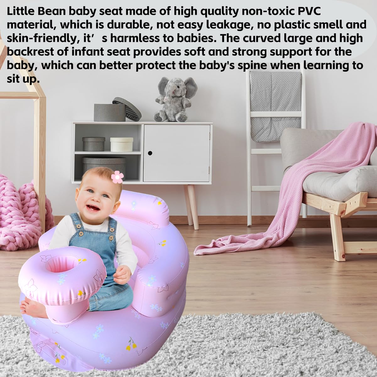 Baby Inflatable Seat for Babies 4-24 Months Built in Air Pump Infant Back Support Sofa Toddler Chair for Sitting Up Baby Shower Chair Outdoor Seat Floor Seater Gifts (Pink Flower Tray) - Image 3