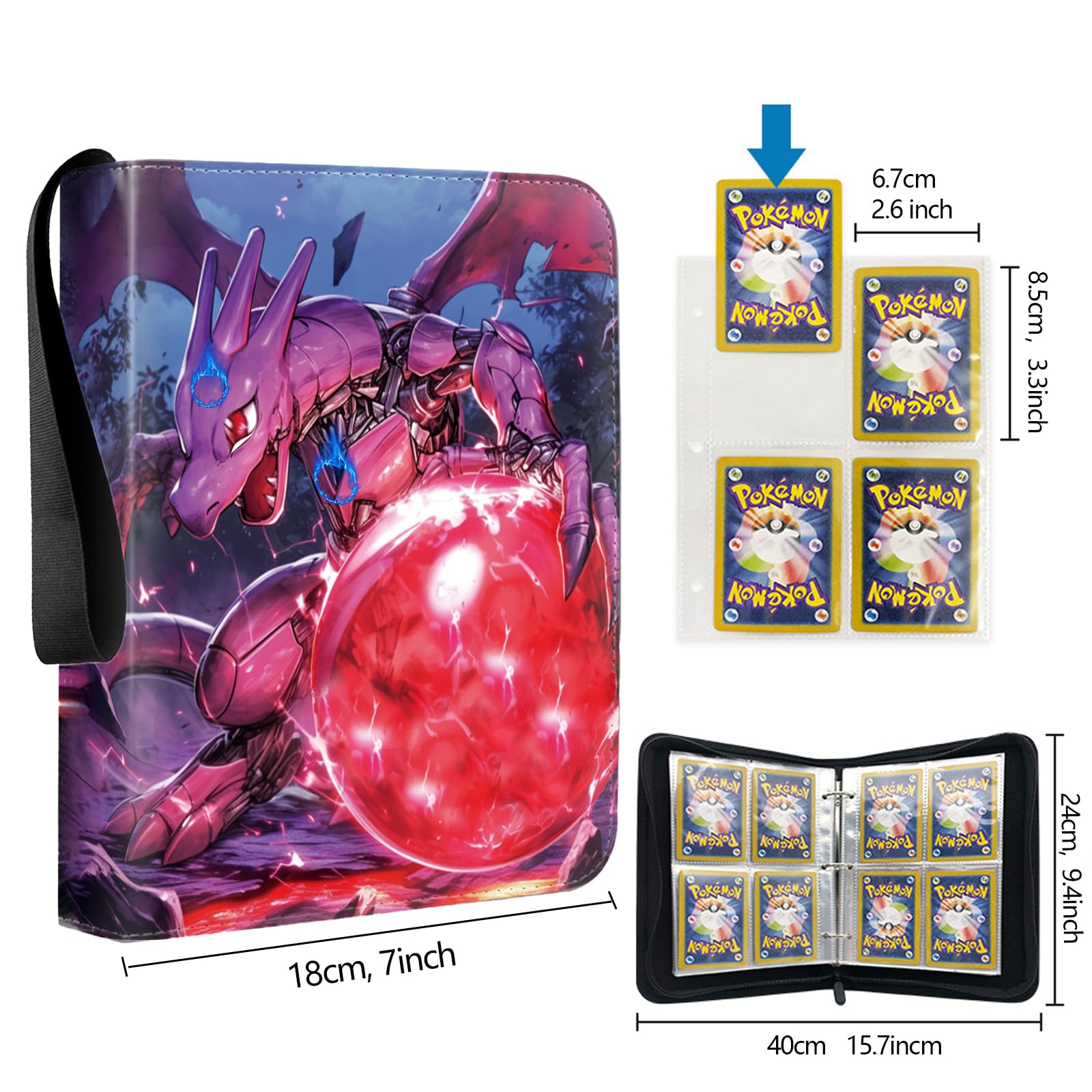 Herritozl Sammelalbum Für Pokémon-Karten – 50 Seiten, 400 Taschen – Kartenordner Mit Reißverschluss, Wasserdicht, Kompatibel Mit YuGiOh & Mehr