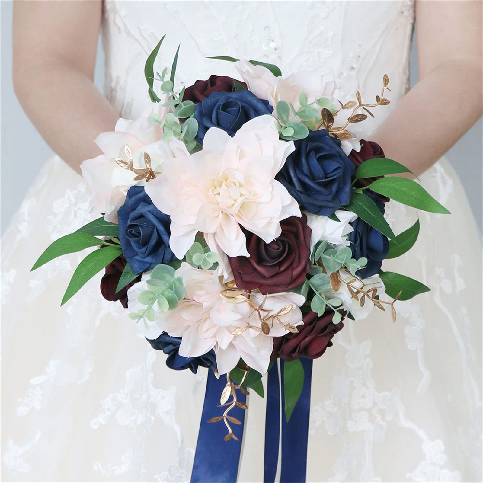 Bouquet di Fiori Artificiali da 8 Pollici, Rose Bianche finte in Seta, Bouquet da Sposa per Cerimonia, Anniversario, Baby Shower, Boho Rustico Vintage.