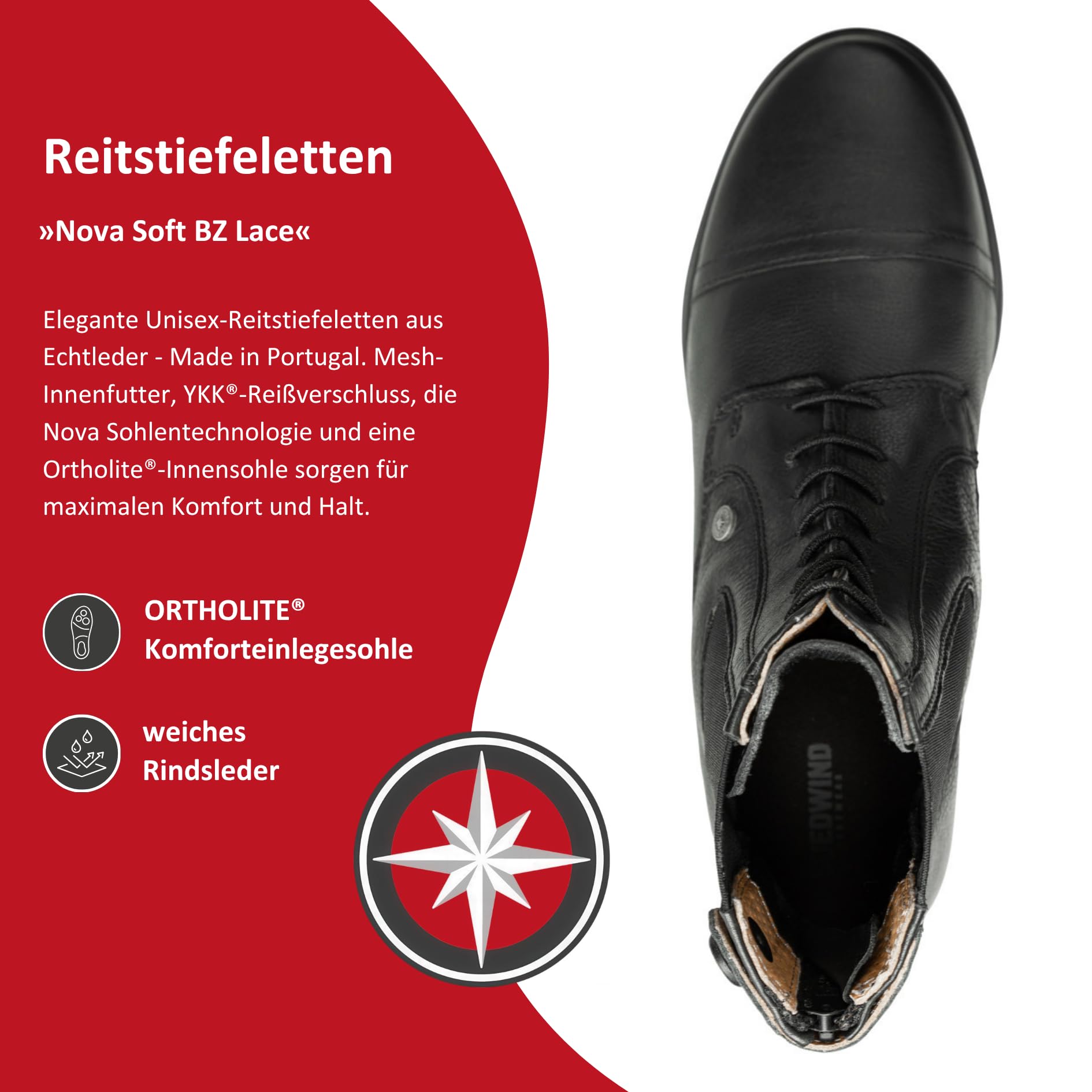 SUEDWIND FOOTWEAR Reitstiefeletten Nova Soft BZ Lace - Rindsleder Reitschuhe – Unisex Paddock Stiefeletten m. Schnürung, Mesh-Lining, Nova-Gummisohle & Reißverschluss hinten – schwarz – 25-46
