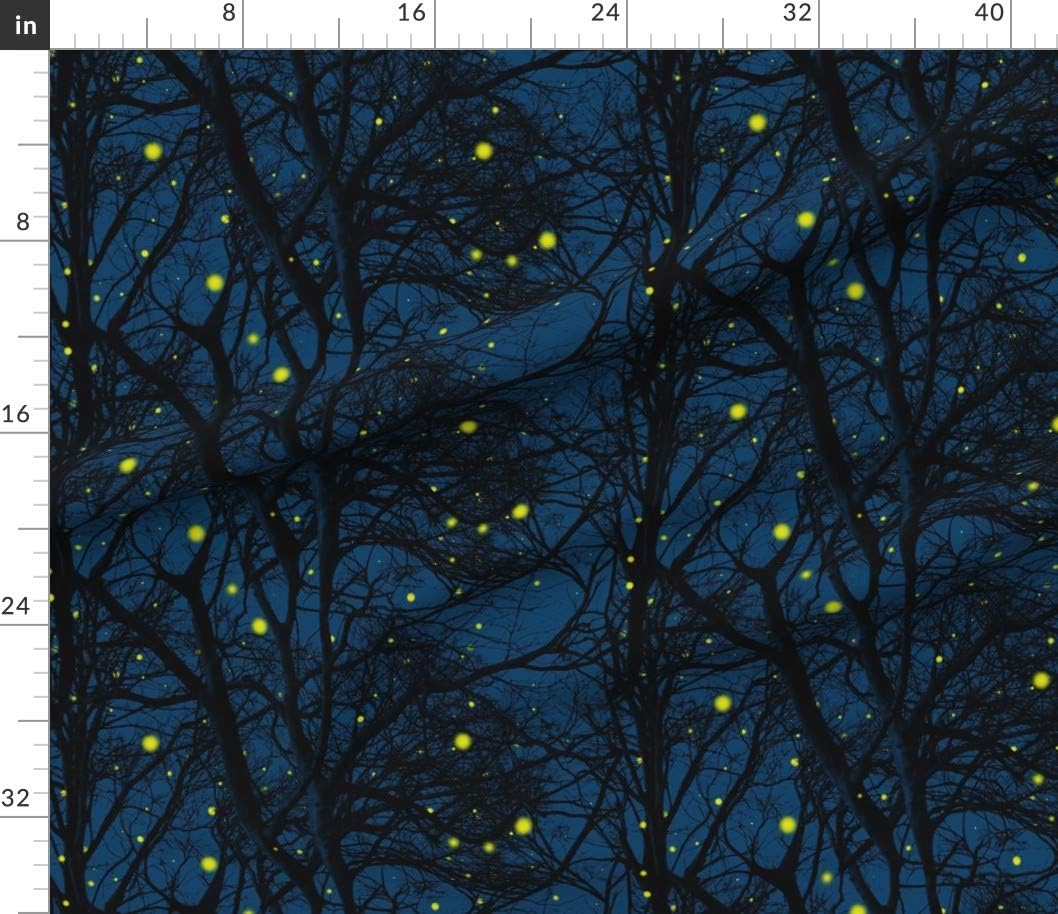 Spoonflower Fabric - Summer Magic Fireflies Trees Lightning Bug Blue Chartreuse Tree Printed on Petal Signature Cotton Fabric by The Yard - Sewing Quilting Apparel Crafts Decor