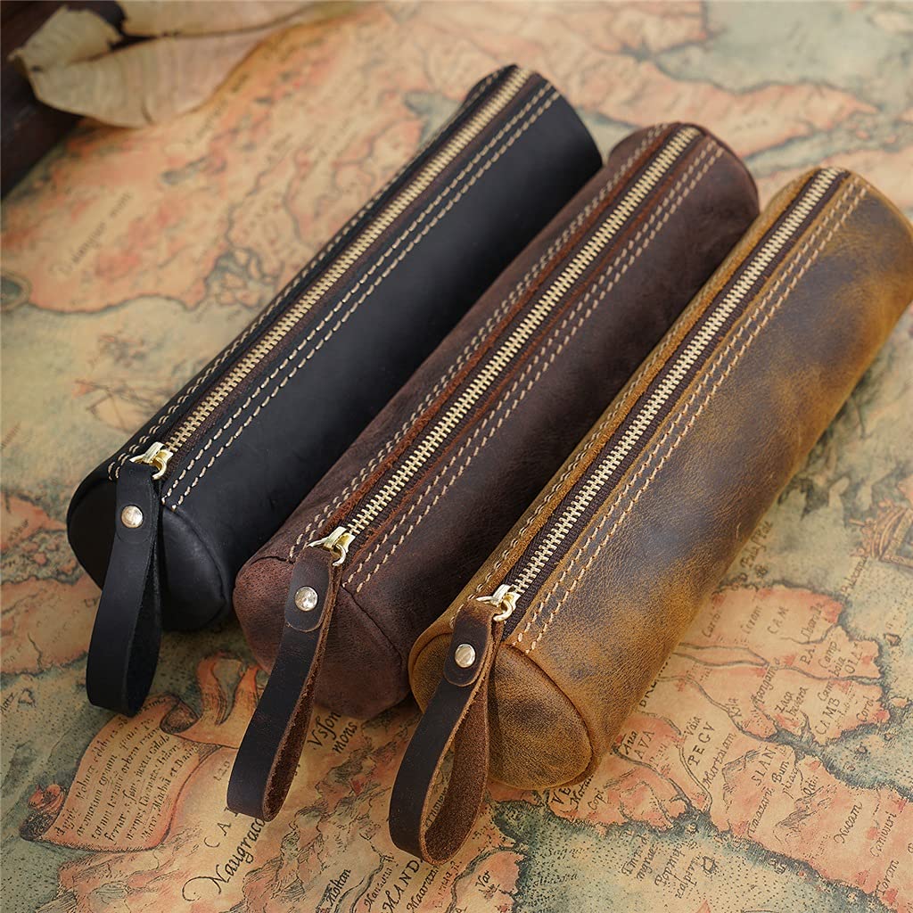 ACiyD Astuccio per Penne in Pelle di Vacchetta Vintage Astuccio per Penne con Cerniera ad Alta capacità Astuccio per Penne con Cerniera (C, 20,5 * 5,2 * 5,2 cm) (D 20,5 * 5,2 * 5,2 cm)