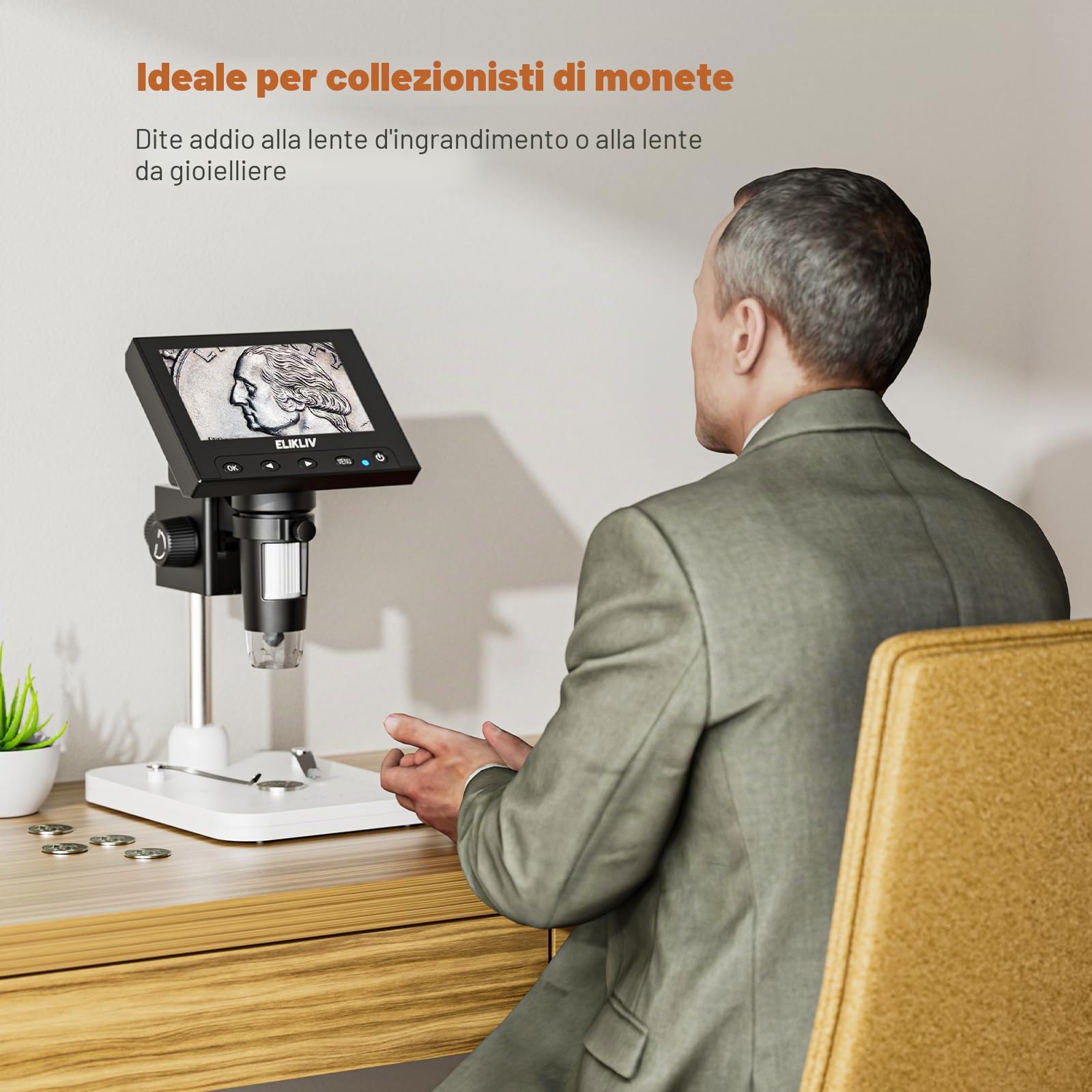 Elikliv Microscopio digitale LCD per monete 1000x, Lente d'ingrandimento con 8 luci LED regolabili, Vista PC compatibile con Windows, EDM4, 4,3 pollici