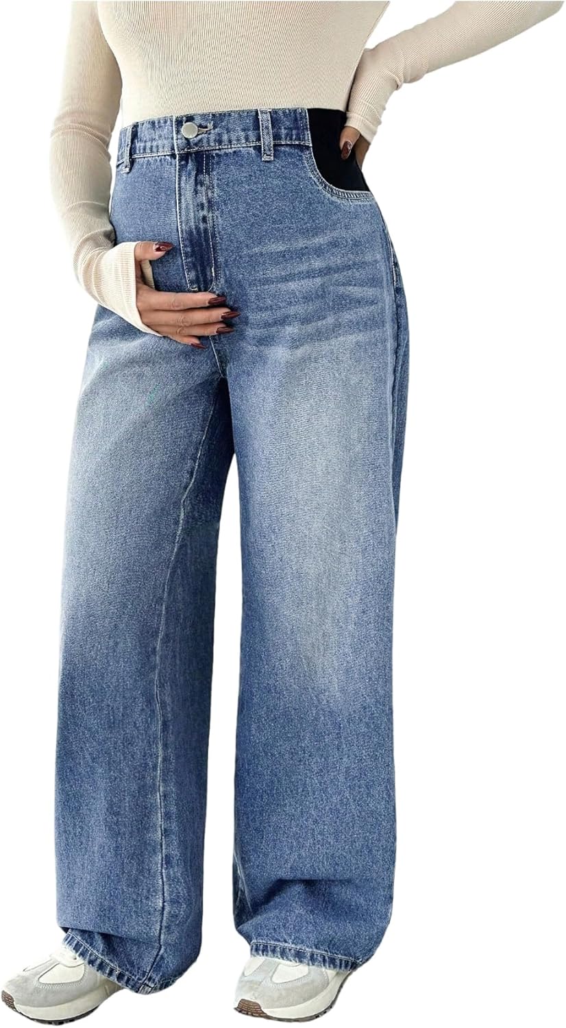 MakeMeChic Women’s Maternity Jeans Loose Wide Leg Over The Belly Straight Pregnancy Jeans Denim Pants
