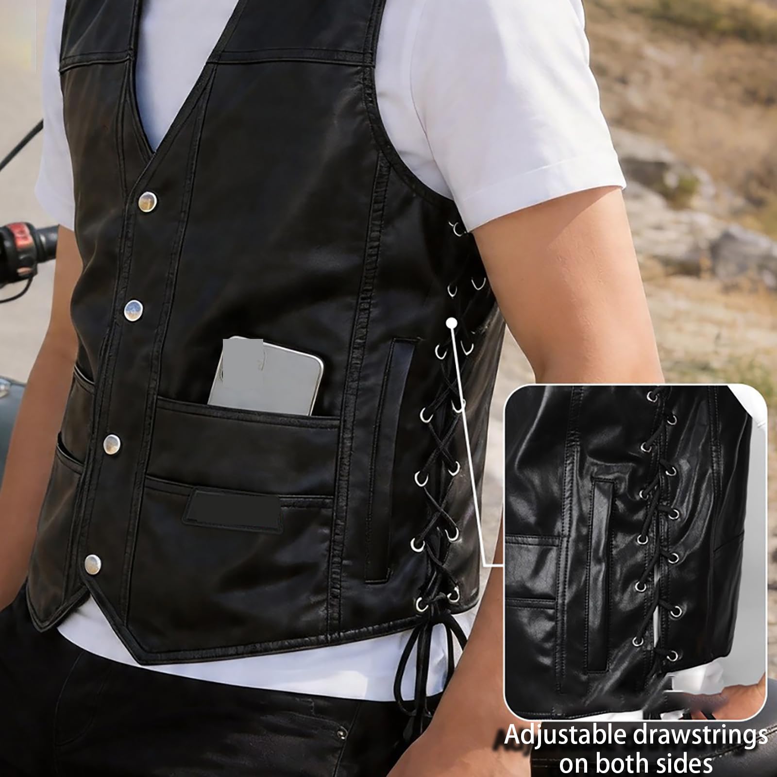 ARMAAN Gilet Da Uomo In Similpelle Nera, Senza Maniche, Stile Biker, Con Lacci Laterali Regolabili E Tasche, Gilet Effetto Pelle Con Scollo A V, Stile Motociclista