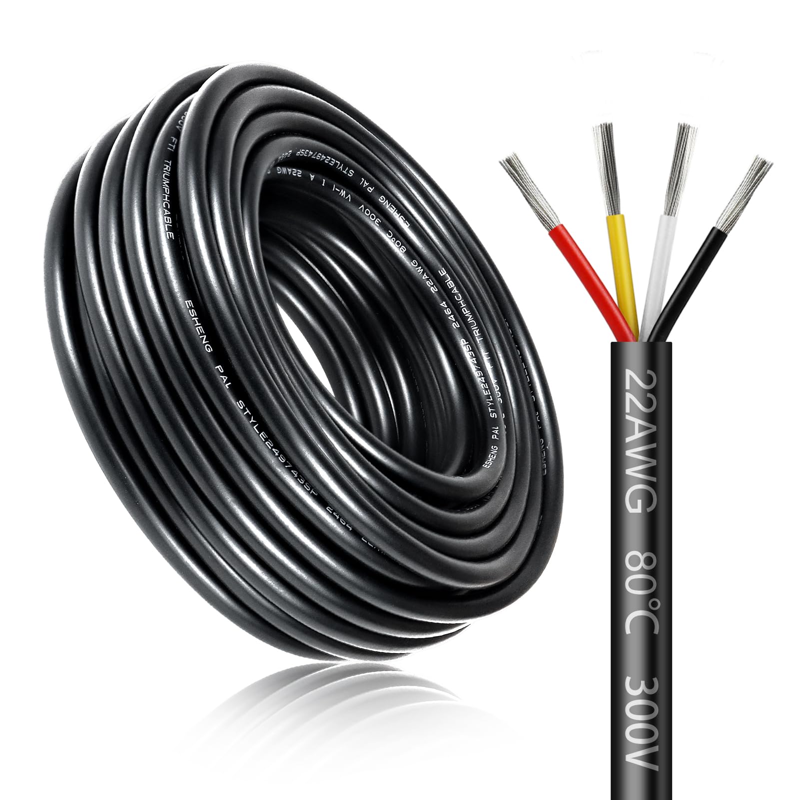Cable Eléctrico 10 Metros 22 AWG 4x0,3mm², Cable de 4 Conductores 5V/12V/24V/220V, Cobre Estañado, Flexible y Flexible, Baja Impedancia, Alta Resistencia a la Temperatura, Cable de Extensión