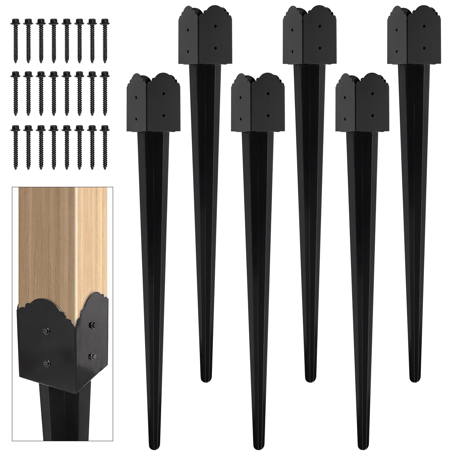 Photo 1 of Fence Post Anchor 4''x4'', Heavy Duty Metal Fence Post Anchor Ground Spike 36''x4''x4'' for Fence, Mailbox, Bird Feeder, Decking, Banner, with The Black Powder Coating Cover on The Surface (Set 6) 36''x4''x4'' Style B 6 Pack