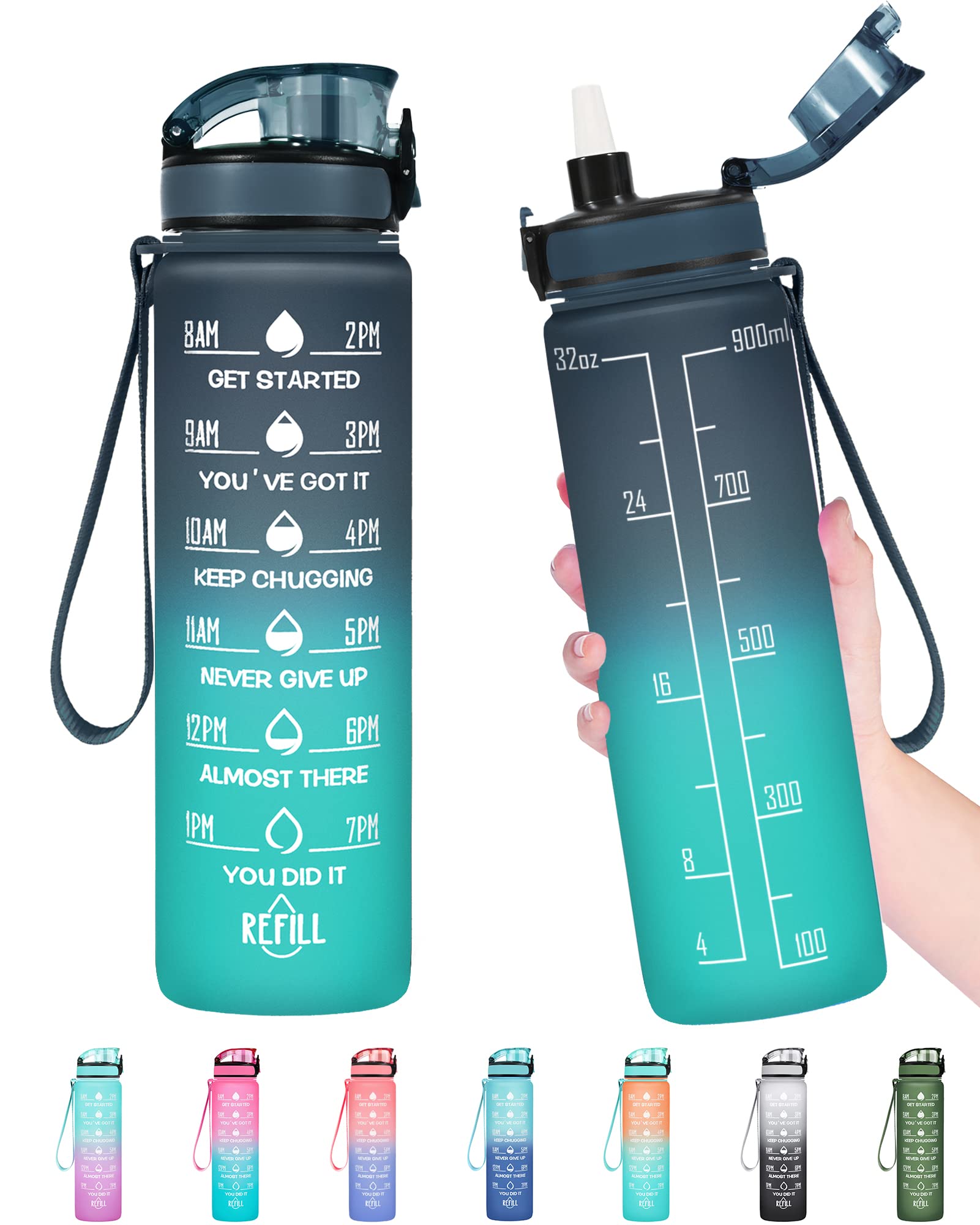 Enerbone 32 oz Water Bottle, Leakproof BPA & Toxic Free, Motivational Water Bottle with Times to Drink and Straw, Fitness Sports Water Bottle with Strap for Office, Gym, Outdoor Sports — image 1