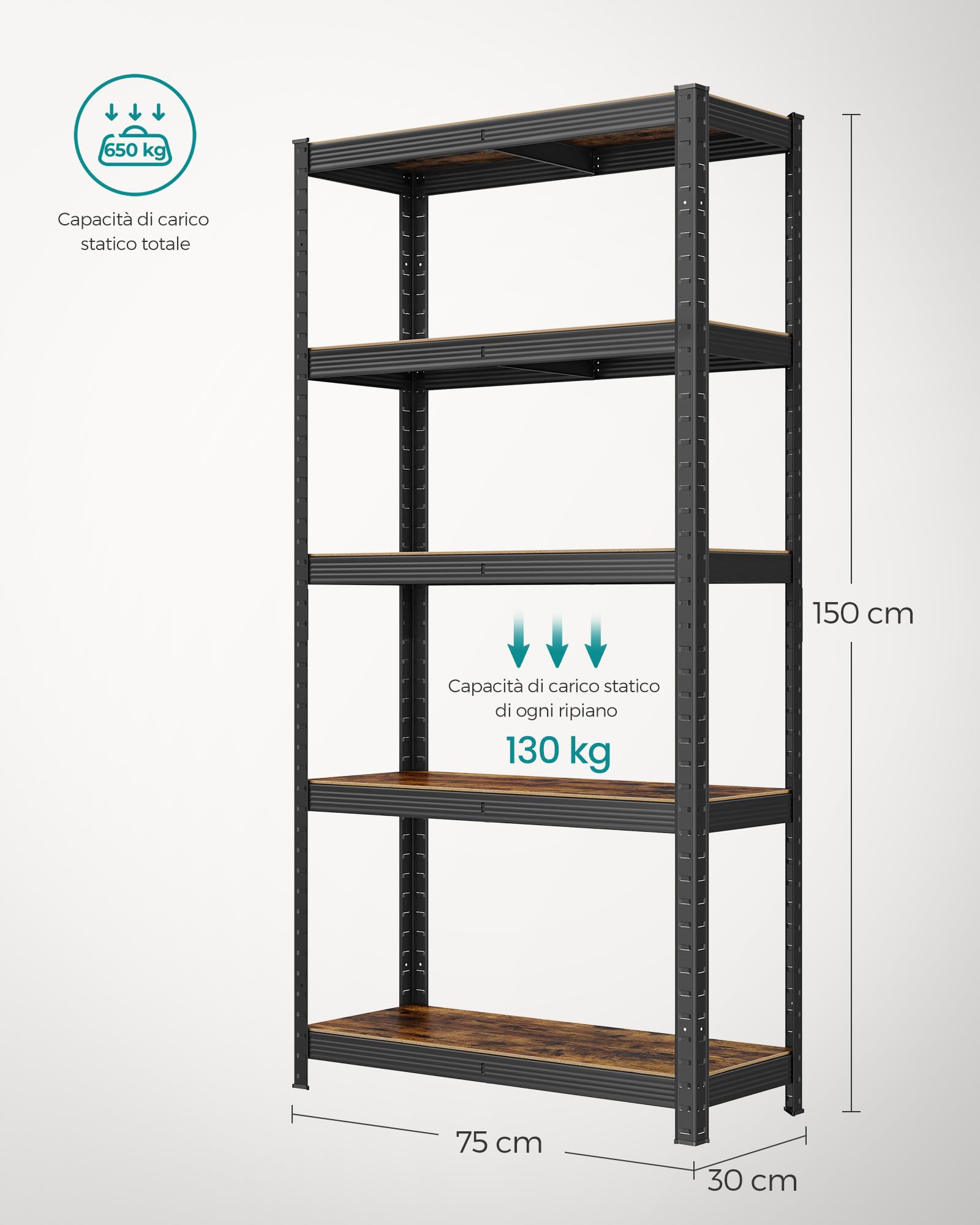 SONGMICS Scaffalatura, 30 x 75 x 150 cm,Capacitàdi Carico di 650 kg (130 kg per Ogni Ripiano), Scaffale Industriale, Ripiani Regolabili, per Soggiorno, Cucina, Marrone Vintage e Nero GLR030B01