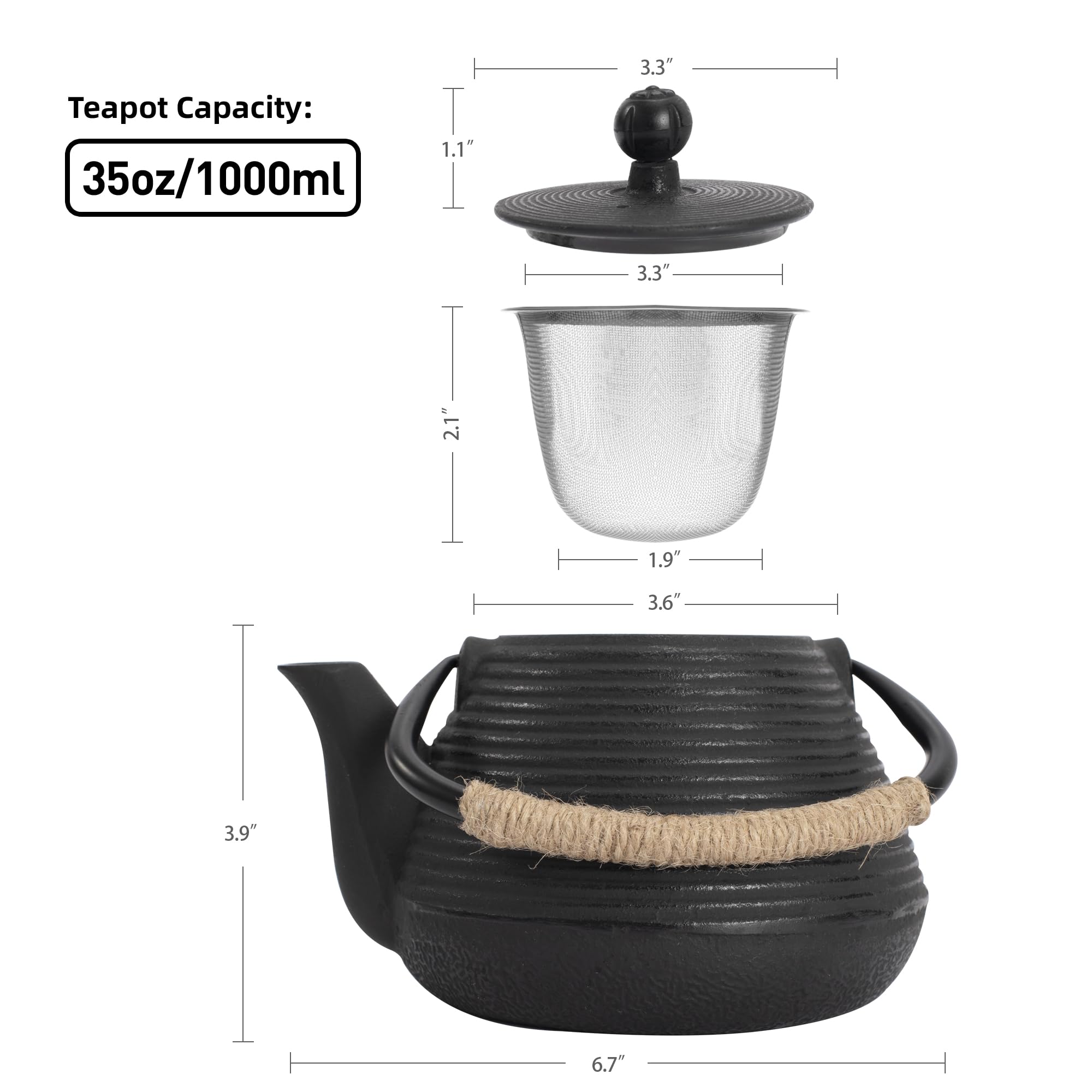 Tetera de hierro fundido, 32 onzas, con patrón de flor de Sakura japonesa, apta para estufa, infusor para hojas sueltas y café, mango de silicona, interior esmaltado, 950 ml, azul