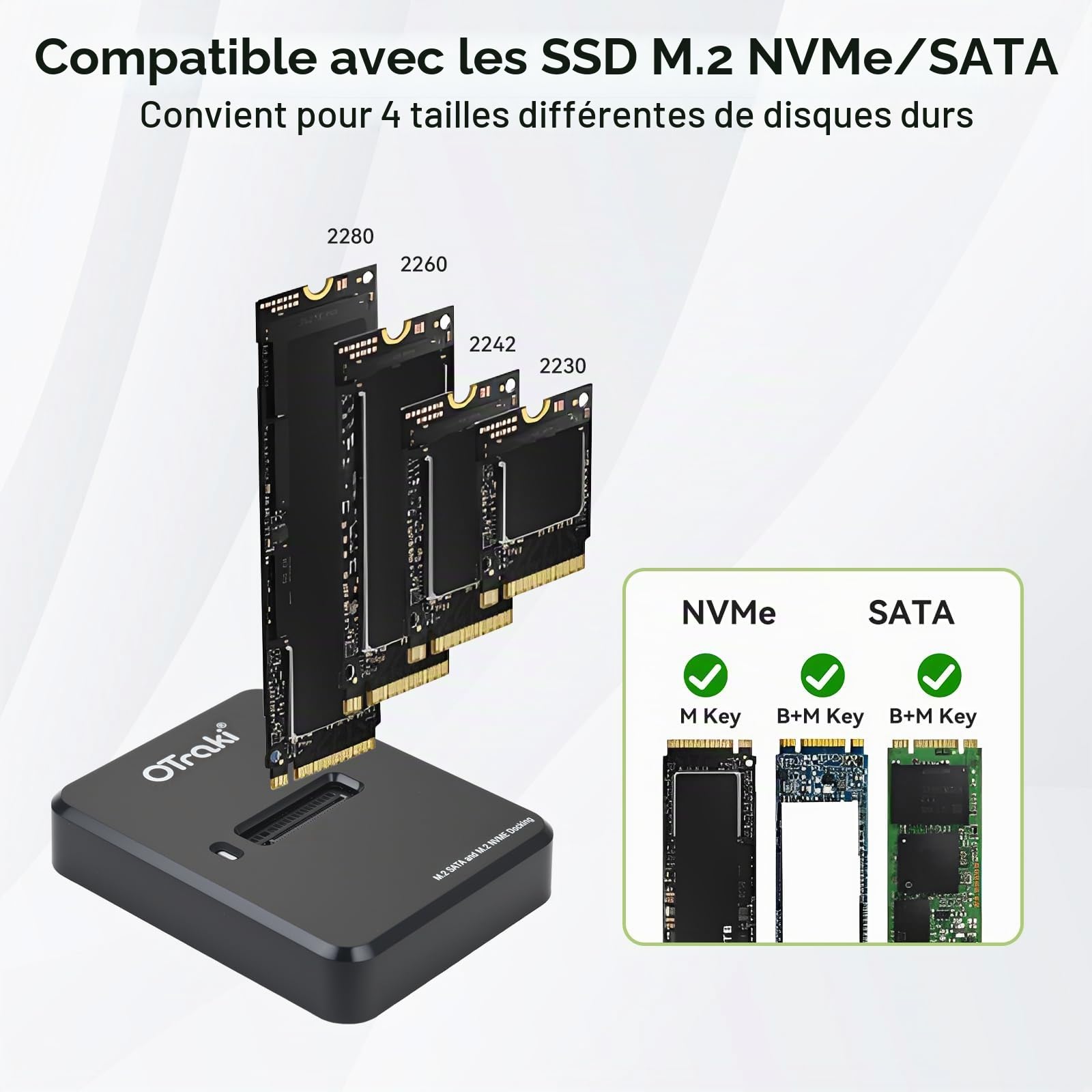 OTraki Station d'accueil M.2 NVMe & SATA, USB 3.1 Gen 2 10Gbps Adaptateur USB NVMe pour Clé M-Key B&M-Key, Adaptateur Double Protocole M2 Boîtier SSD pour 2230 2242 2260 2280 SSDs