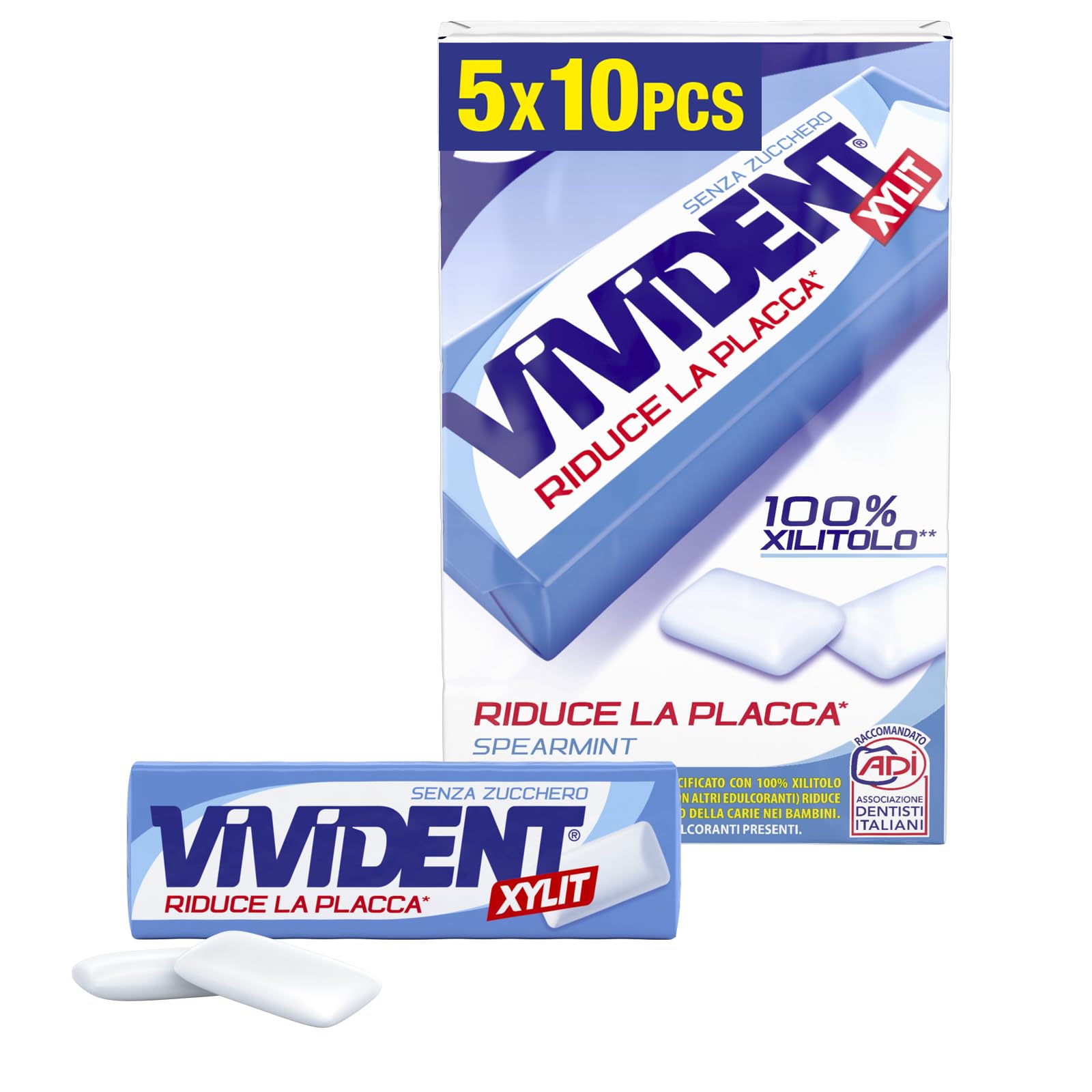 Vivident Xylit, Chewing Gum, Gusto Menta, Senza Zucchero, Senza Glutine, con Xilitolo, Confenzione da 5 Stick ciascuno da 10 Gomme da Masticare
