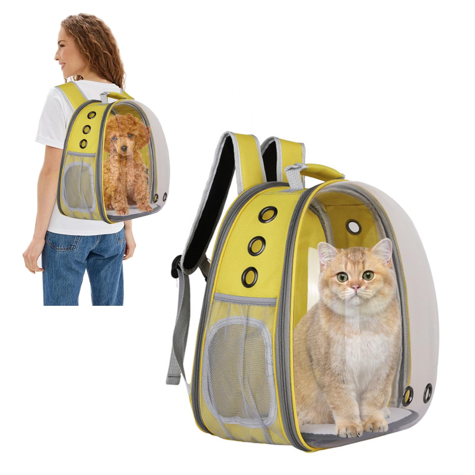 PETCUTE Cat Backpack,Expandable Cat Capsule Carrying Backpack, Transparent Pet Bubble Carrier Front Pack with 9 Venting Hole Breathable, For Cat Dog Outdoor Hiking and Traveling Yellow