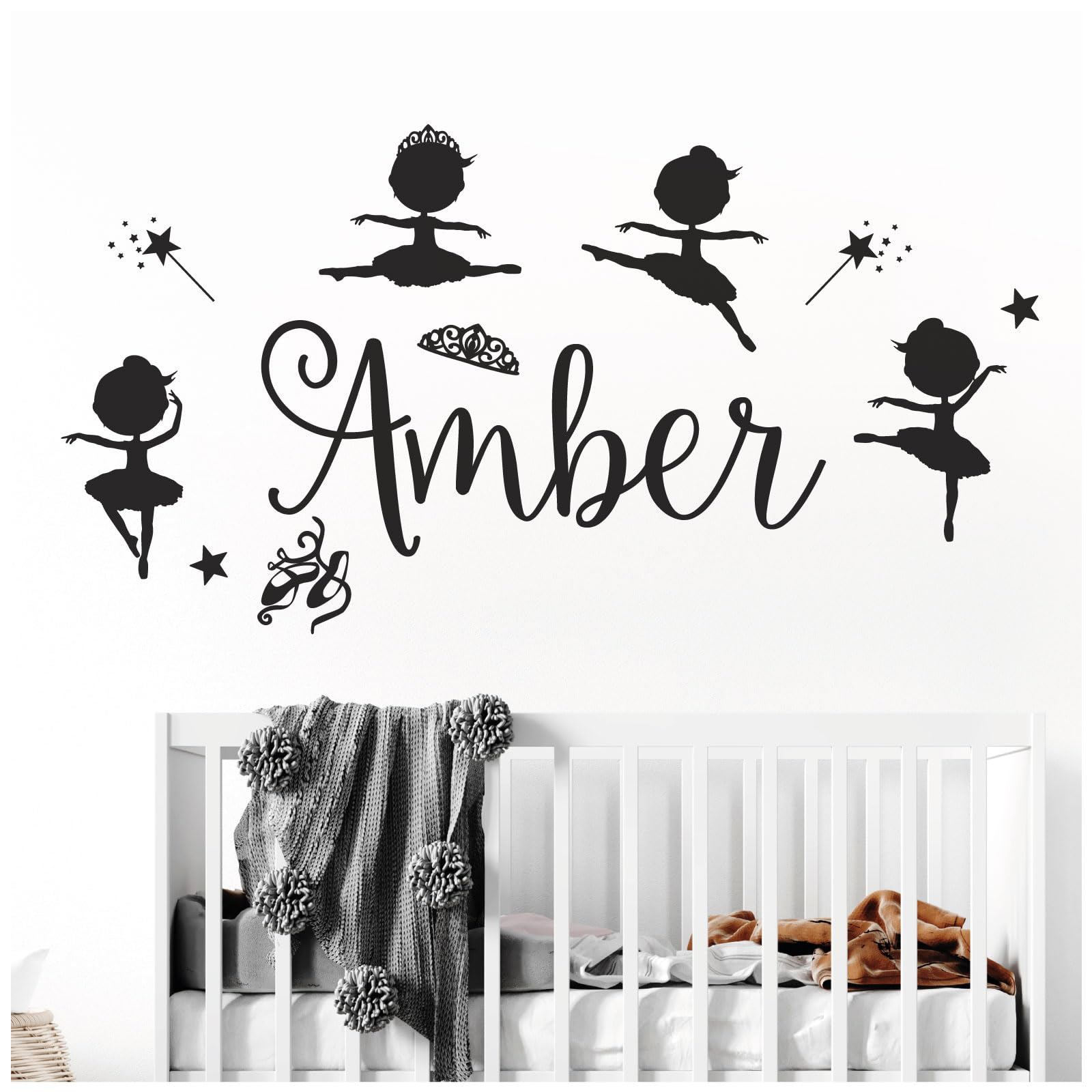 Personalised Name Girls Wall Art Sticker - Baby Ballerina Little Princess, Ballet Shoes, Wand, Star [Large] [Black]