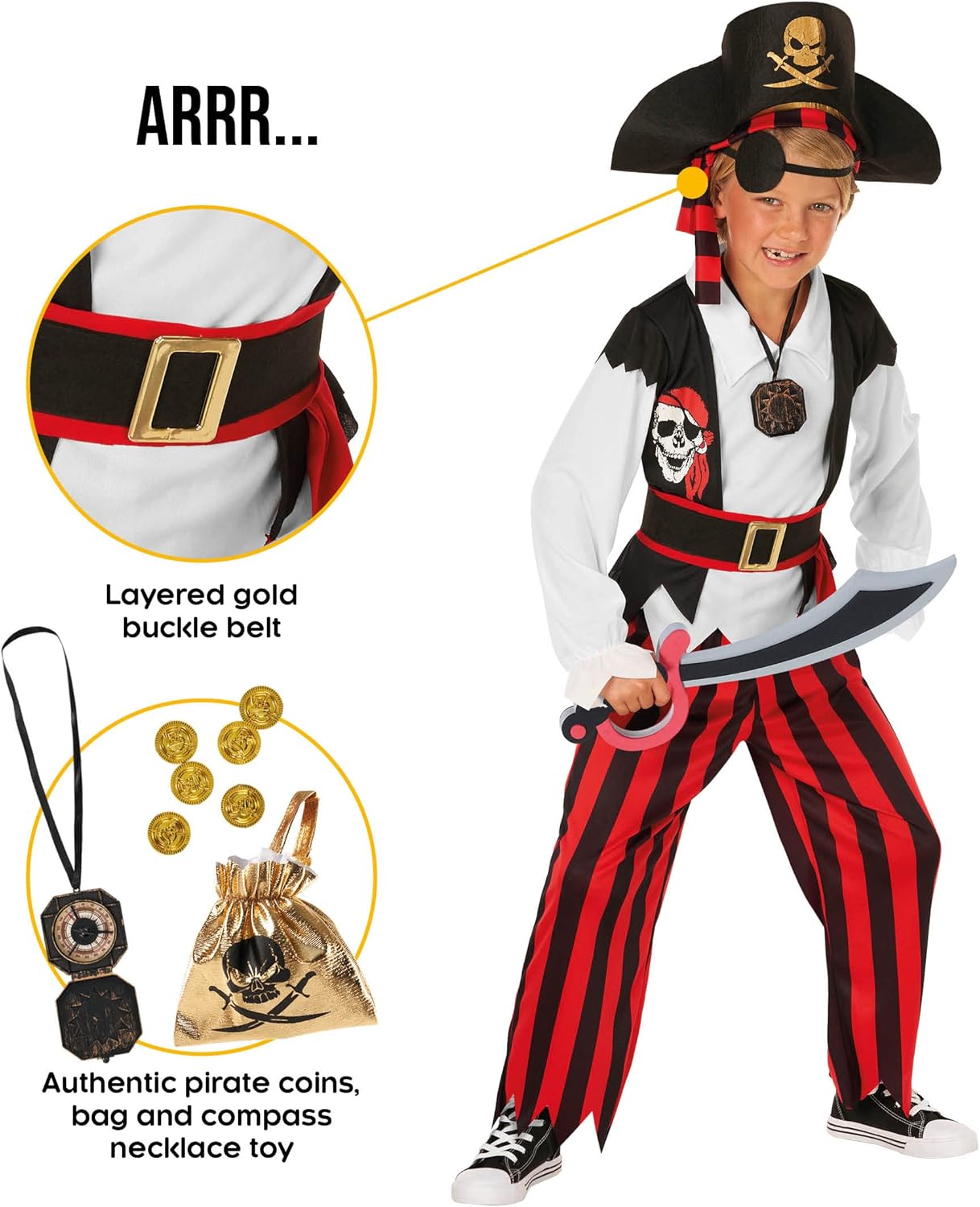 Miniatura 3 de Morph Disfraz de pirata para niños, disfraz de pirata para niños, disfraz de pirata para niños de 10 a 12 años, disfraz de pirata, talla 7-8, 4-6