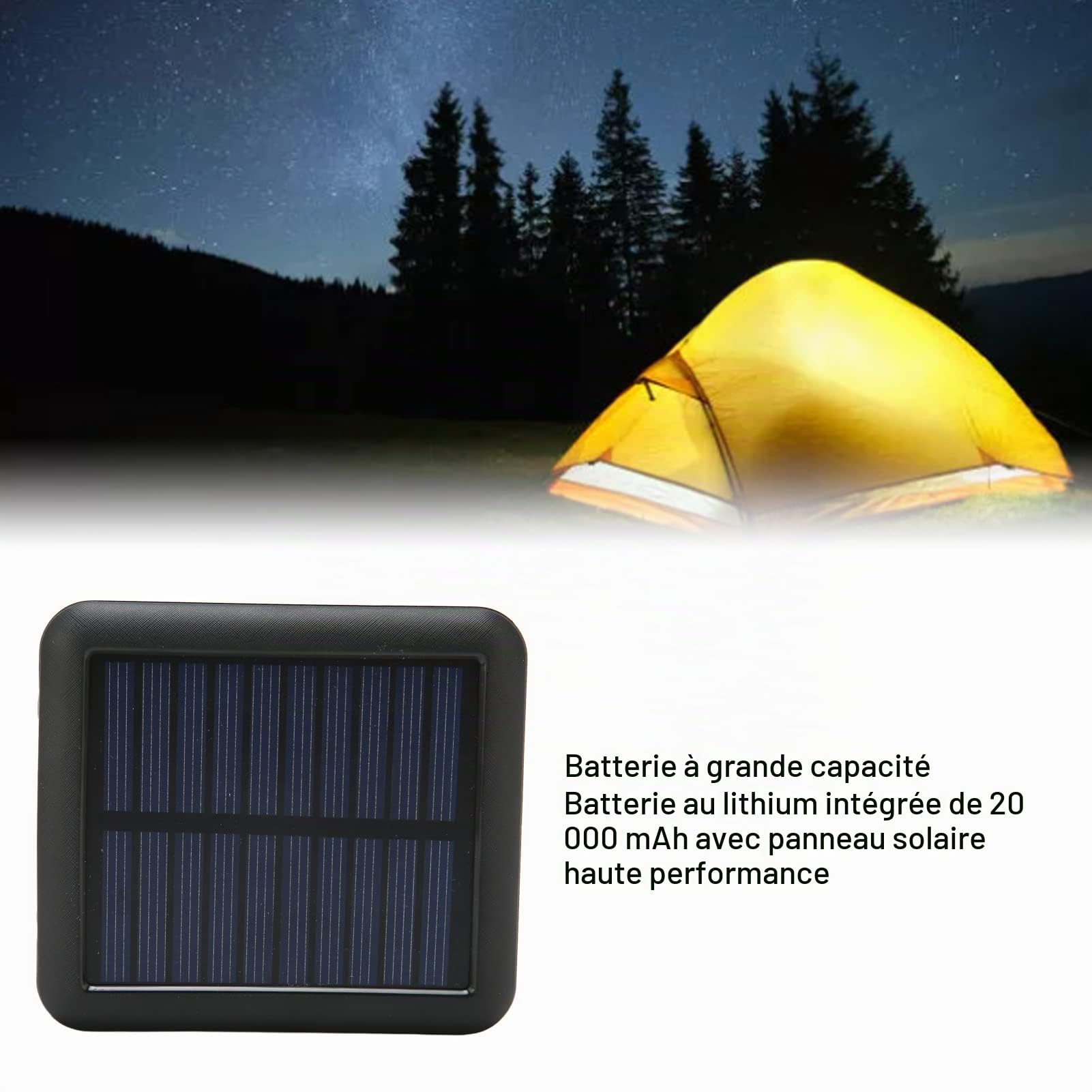 Chargeur de Téléphone Portable Solaire, 20 000 MAh à Deux Ports de Sortie, Chargeur de Téléphone Solaire Portable avec Affichage de L'alimentation et Lampe de Poche, pour (Le Noir)
