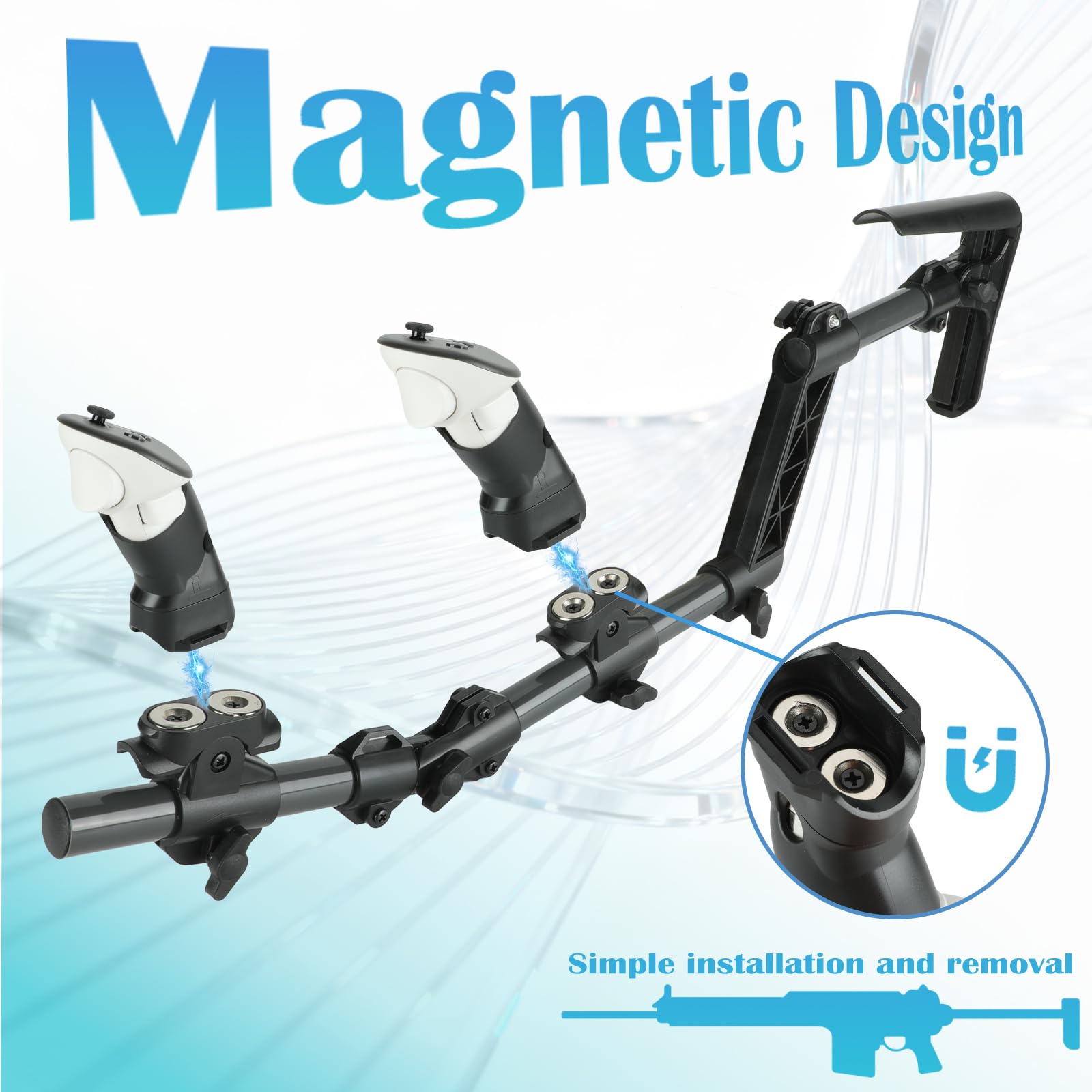 Culata Magnética VR para MetaQuest 3/3S, Ligera con Liberación Rápida | Ajuste Telescópico de Longitud y ángulo, 530g Material Aeroespacial con Agarre Firme, Ergonomía y Estabilidad para Juegos VR