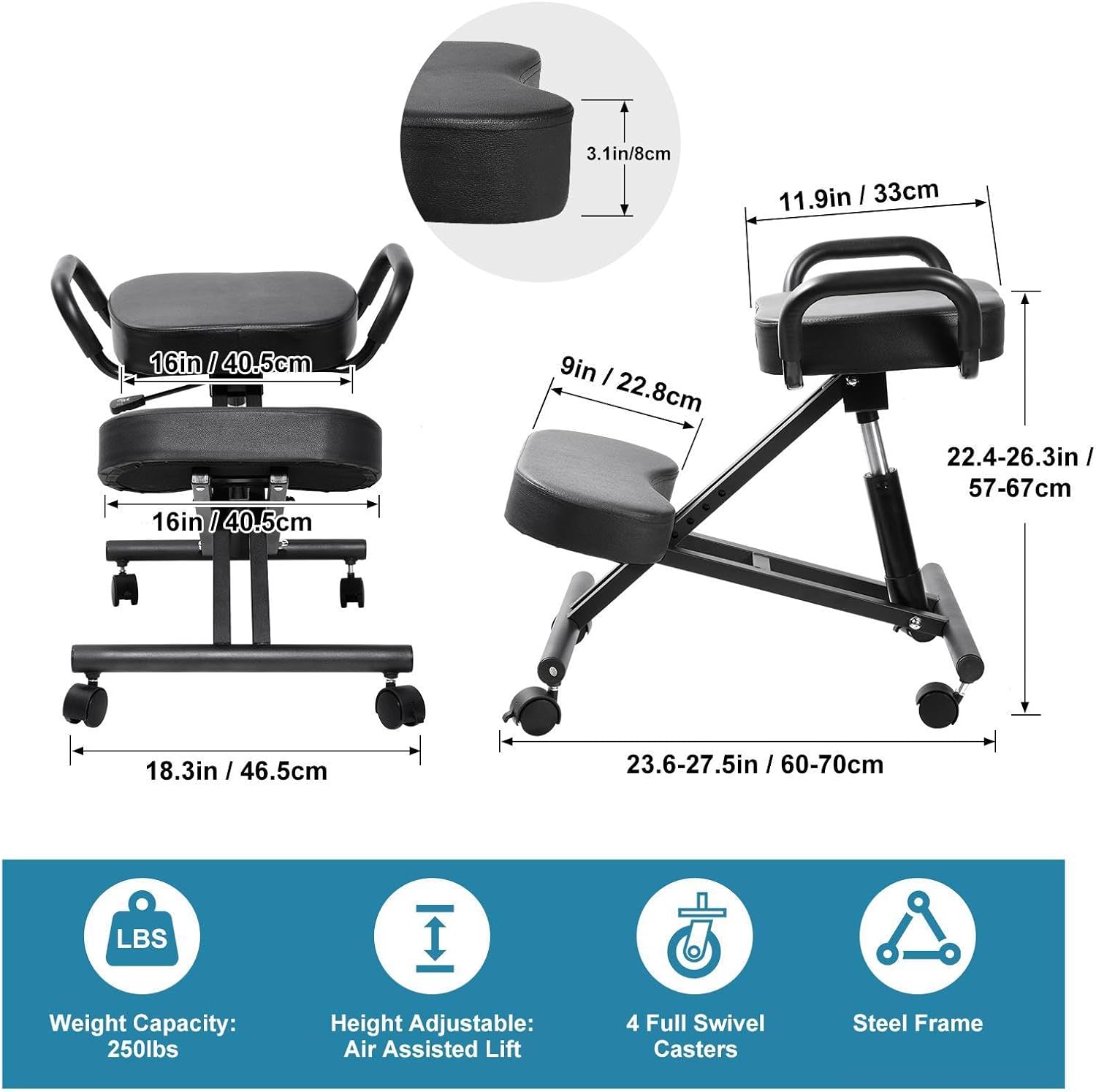 Ergonomic Kneeling Chair Without Backrest, Adjustable Stool for Home and Offices - Improve Your Postures with an Angled Seat - Brake Casters, Black
