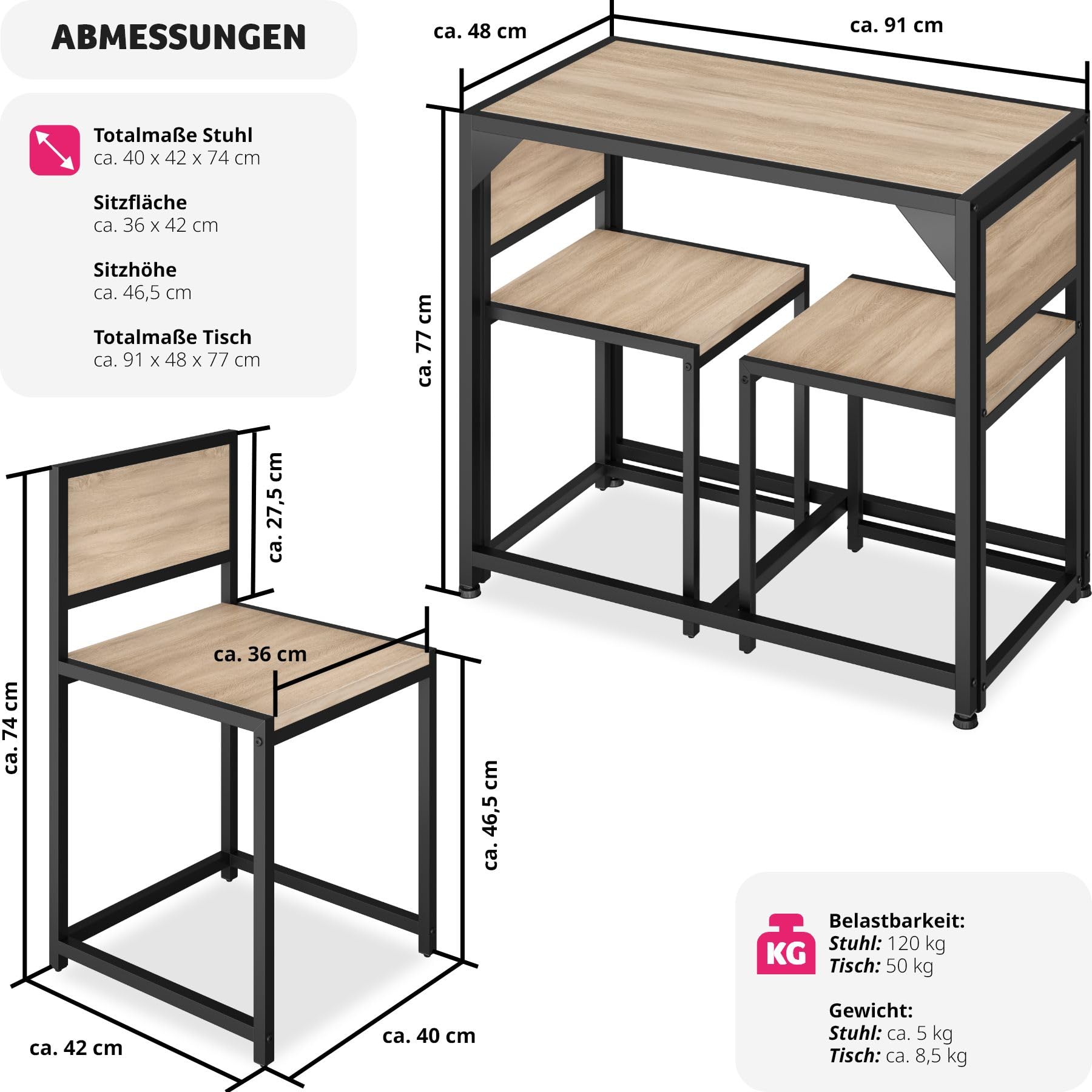 tectake Sitzgruppe 3-teilig im Industrie-Design, Essgruppe für 2 Personen aus Holz + Metall, Esszimmer Set mit Esstisch und 2 Stühlen, schwarzes Metallgestell (Industrial Holz hell, Eiche Sonoma)