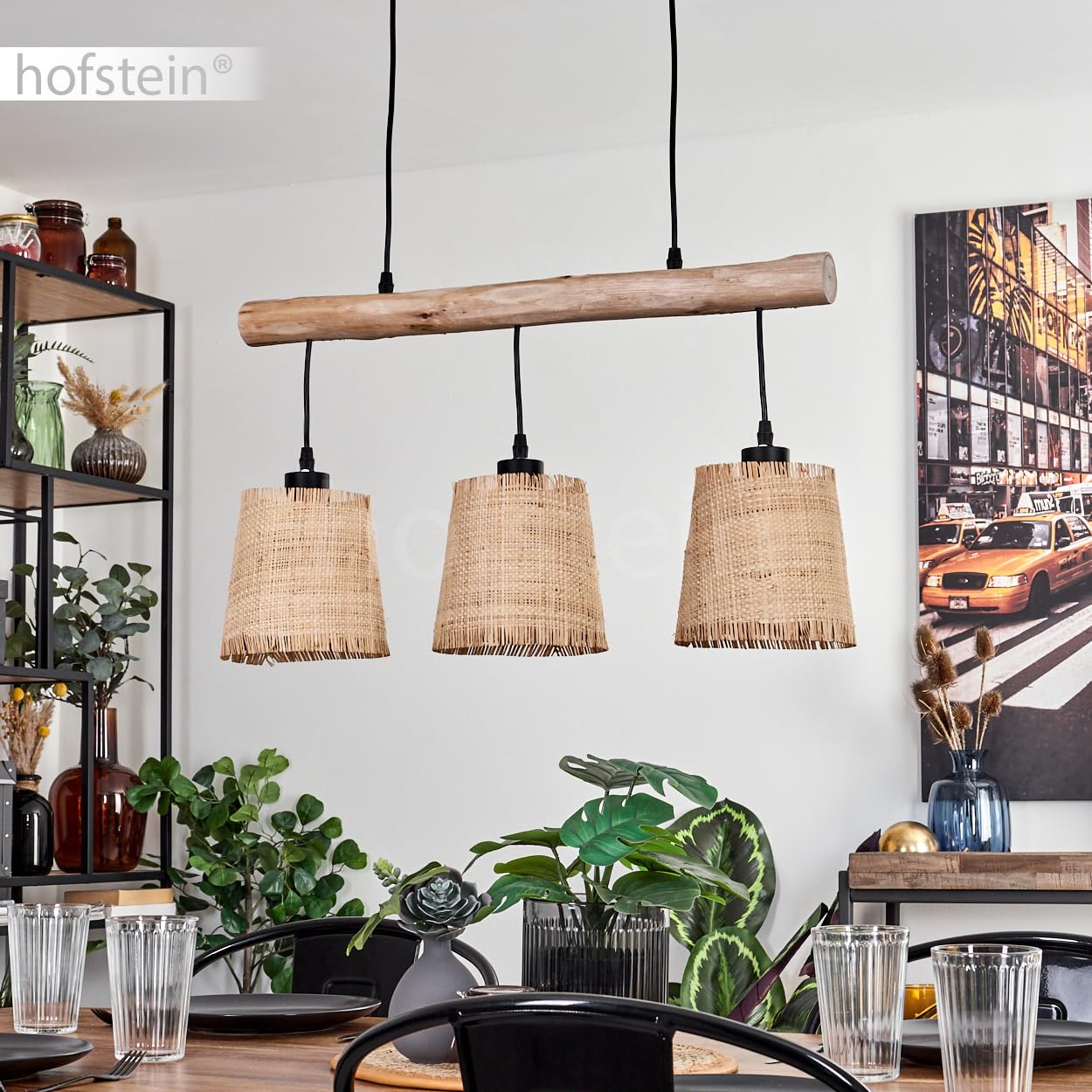 Suspension Soungou, lampe à suspendre moderne en bois/métal/marbre en naturel/noir/beige, lampe à suspendre à 3 flammes au design scandinave, hauteur max. 135 cm, 3 x E27, sans ampoules
