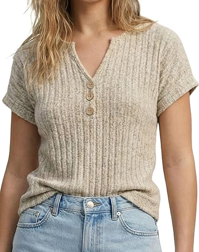 Womens Relaxed Fit Tunic Tops,Short Sleeve V Neck Ribbed Knit