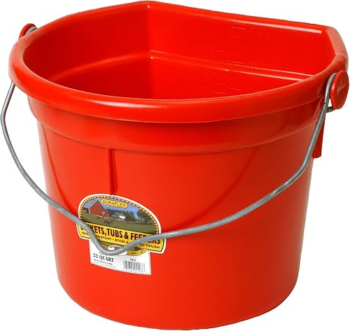 Little Giant® Plastic Animal Feed Bucket | Flat Back Feed Bucket with Knob Ball & Metal Handle | Made in USA | 22 Quarts | Red