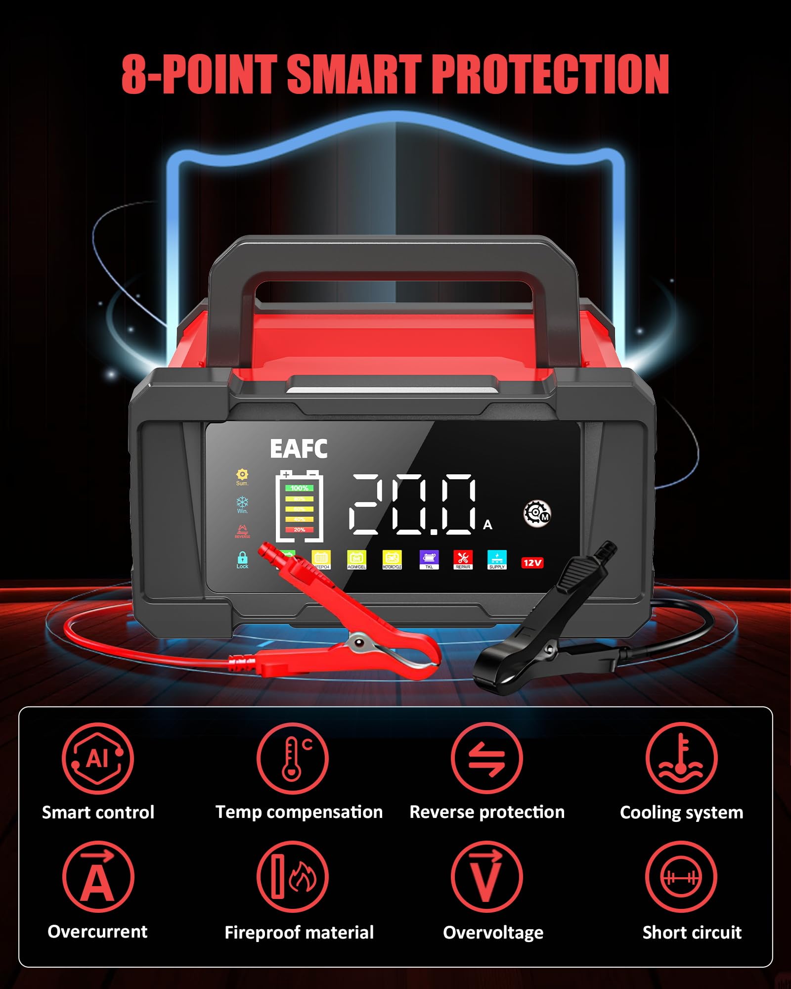 EAFC 20Amp 12V/24V Smart Car Battery Charger & Maintainer – Automatic Lead-Acid & LiFePO4 Battery Charger for Car, Motorcycle, Truck, Boat, Lawn Mower with LCD Display, Trickle Charge & Repair Mode - 5