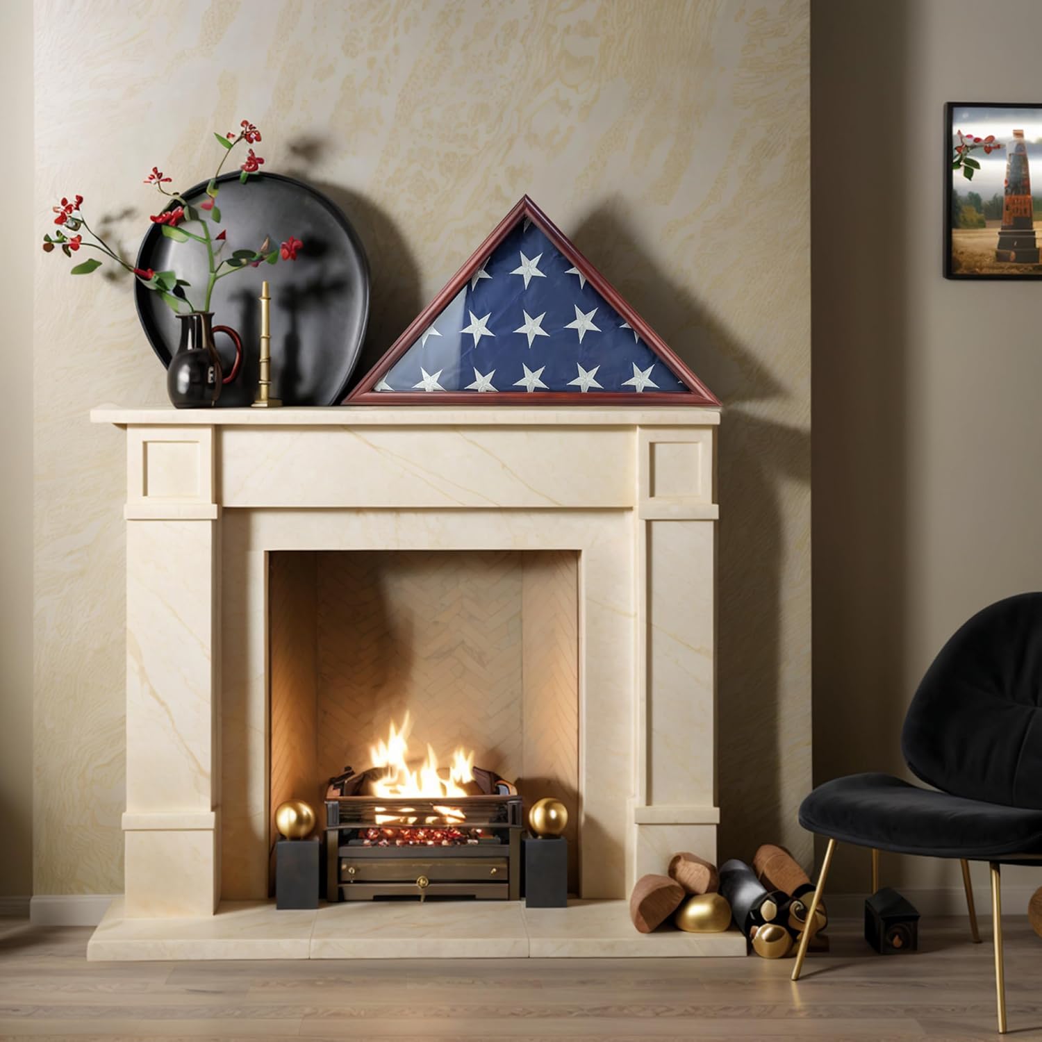 Burial Flag Display Case Fits 5'x9.5' Flag, Thin Bottom Edge Military Flag Box with Glass Front for American Veteran Flag, Wooden Memorial Folded Flag Case Shadow Box (Cherry)