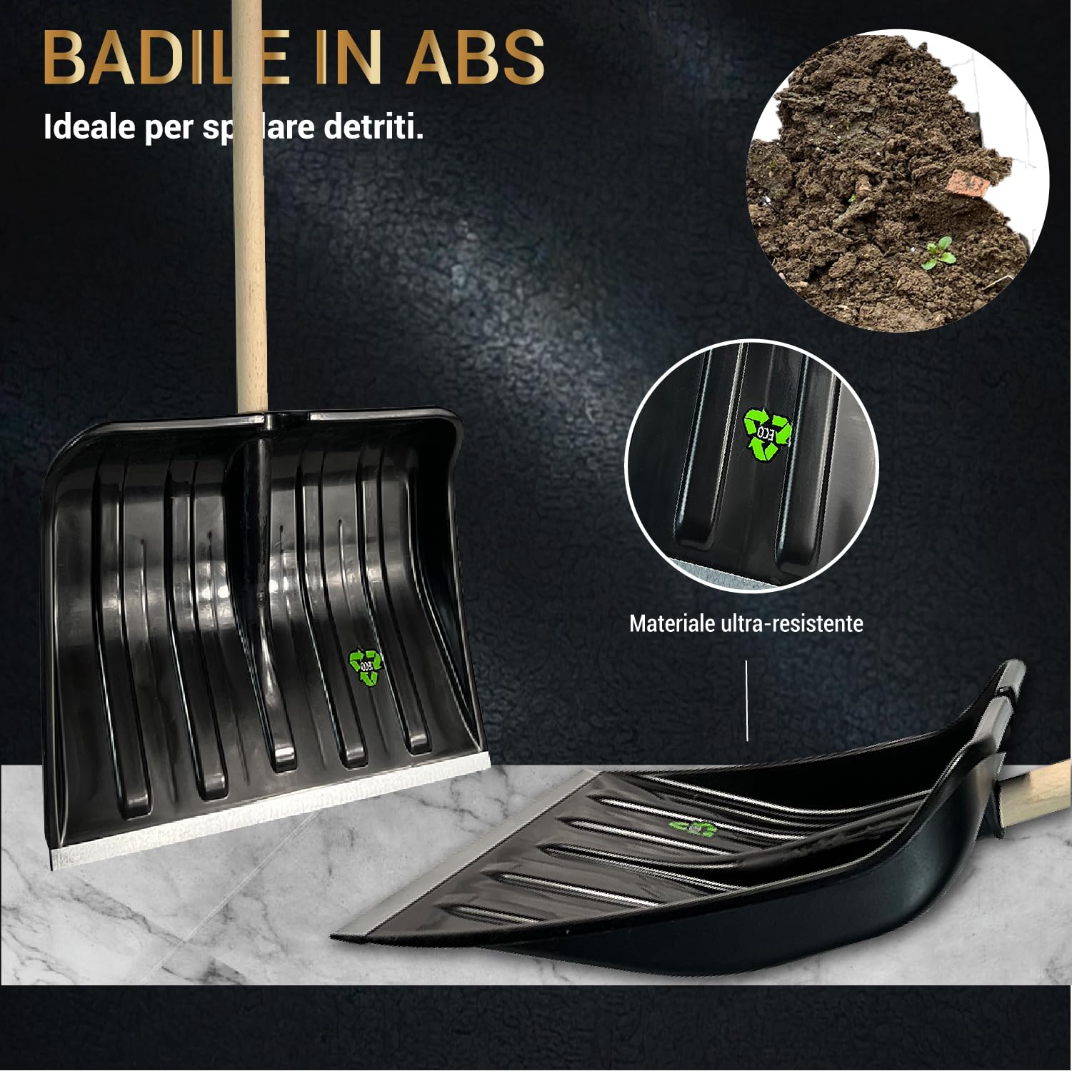 Crisalide® - Baie super résistante professionnelle 32 x 40 cm, extrémités renforcées en aluminium anti-choc, poignée 80 cm, polyvalente pour usage agricole, jardinage et construction, pelle