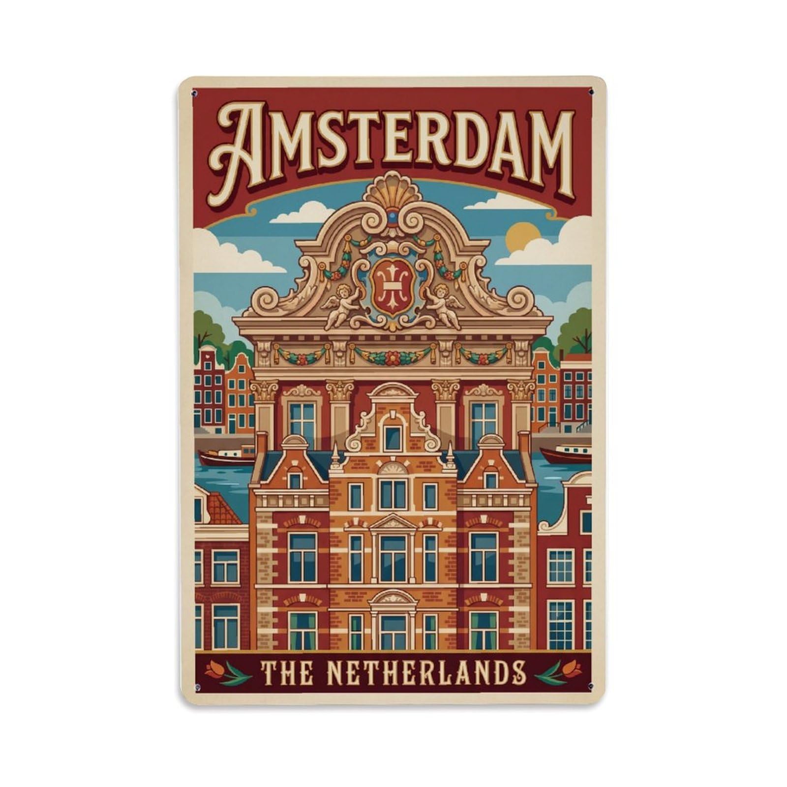 Vintage Travel Pediment Netherlands Ornate（1） Metal Tin Sign Plaque Wall Decor for Cafe, Club Bar, Office, Home Garden Metal Poster 8x12Inch