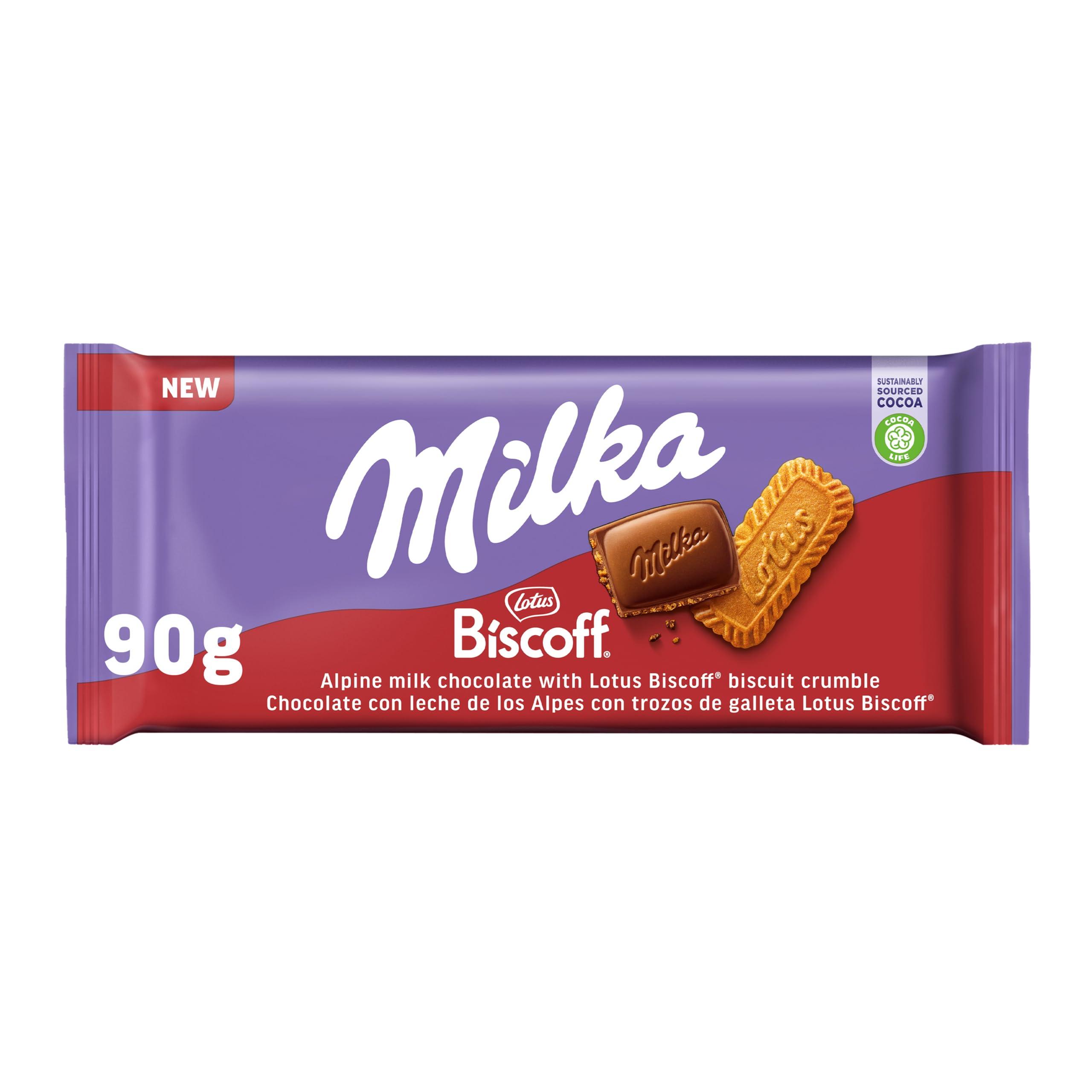 Milka Tableta de Chocolate con Leche de los Alpes con Galleta Lotus Biscoff, 90 g