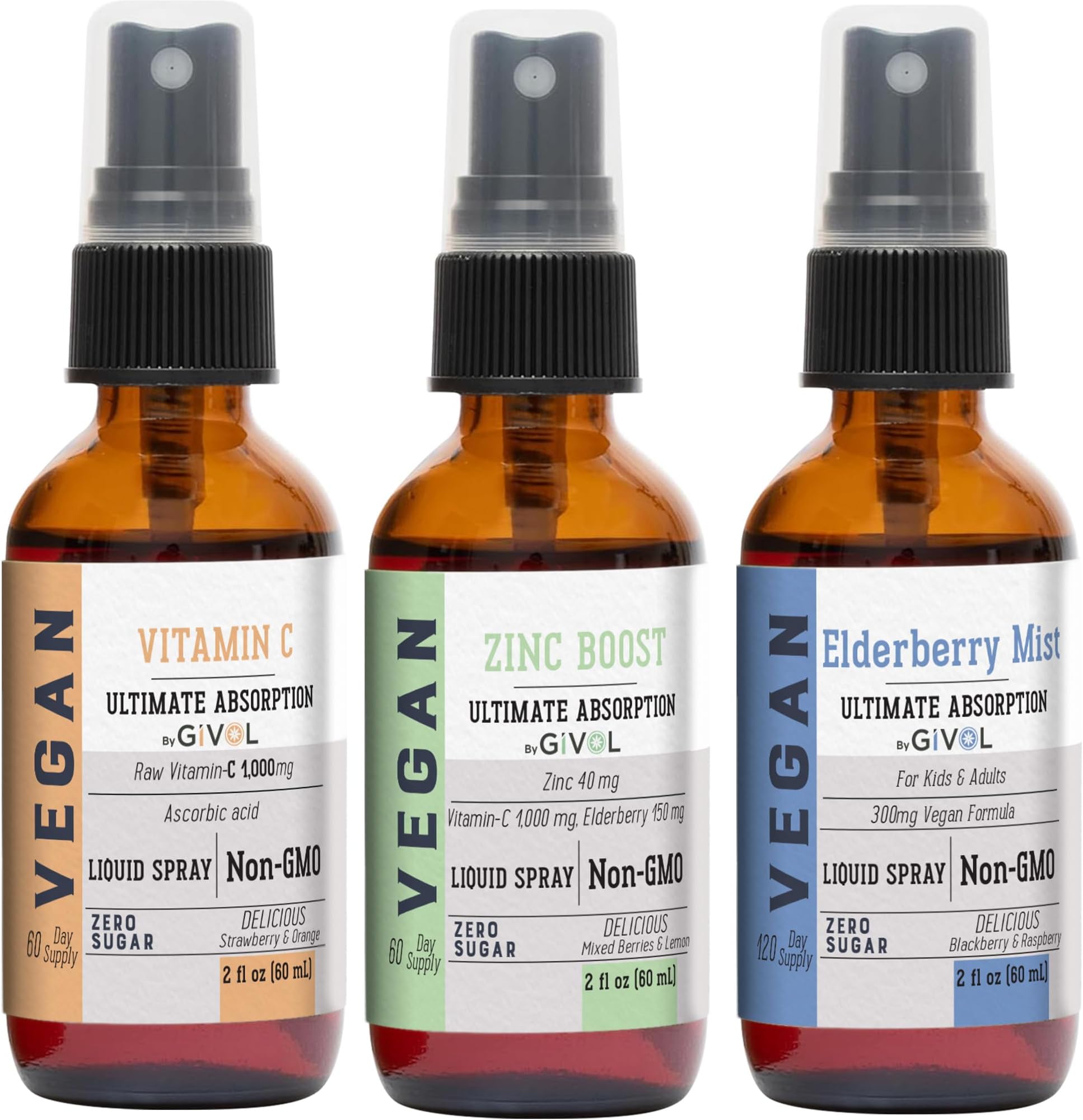 Liquid Vitamins (Pack of 3) Sambucus Nigra Elderberry Mist, Zinc Mist and Vitamin C Mist - Non-GMO Gluten-Free - 240 Days Supply - Trio Bundle
