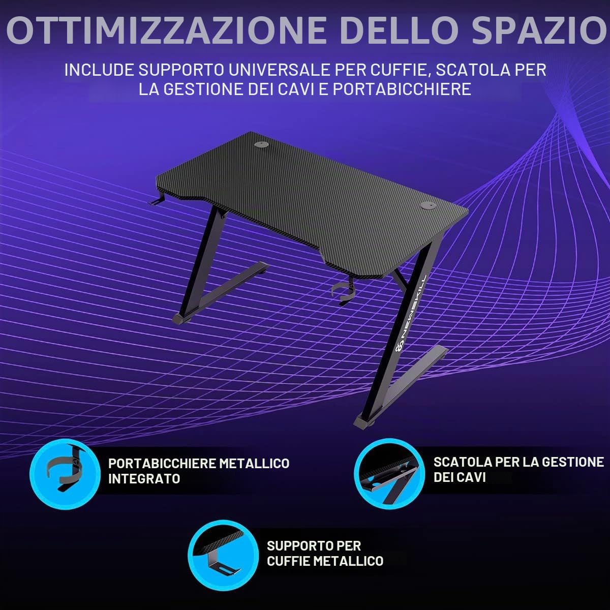 Newskill Belenor, tavolo da gioco ergonomico, 120x60x75cm, struttura in metallo, supporto per cuffie e bevande, struttura in carbonio, gestione dei cavi, fino a 200 kg, nero