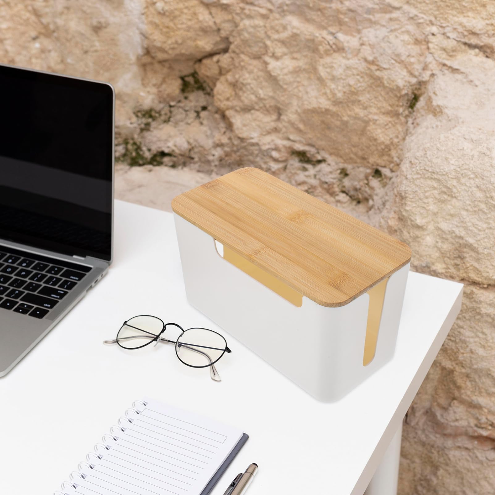 Kabelaufbewahrungsbox 2 Stück Bambus PC Abnehmbar für Büro Zuhause Weiß