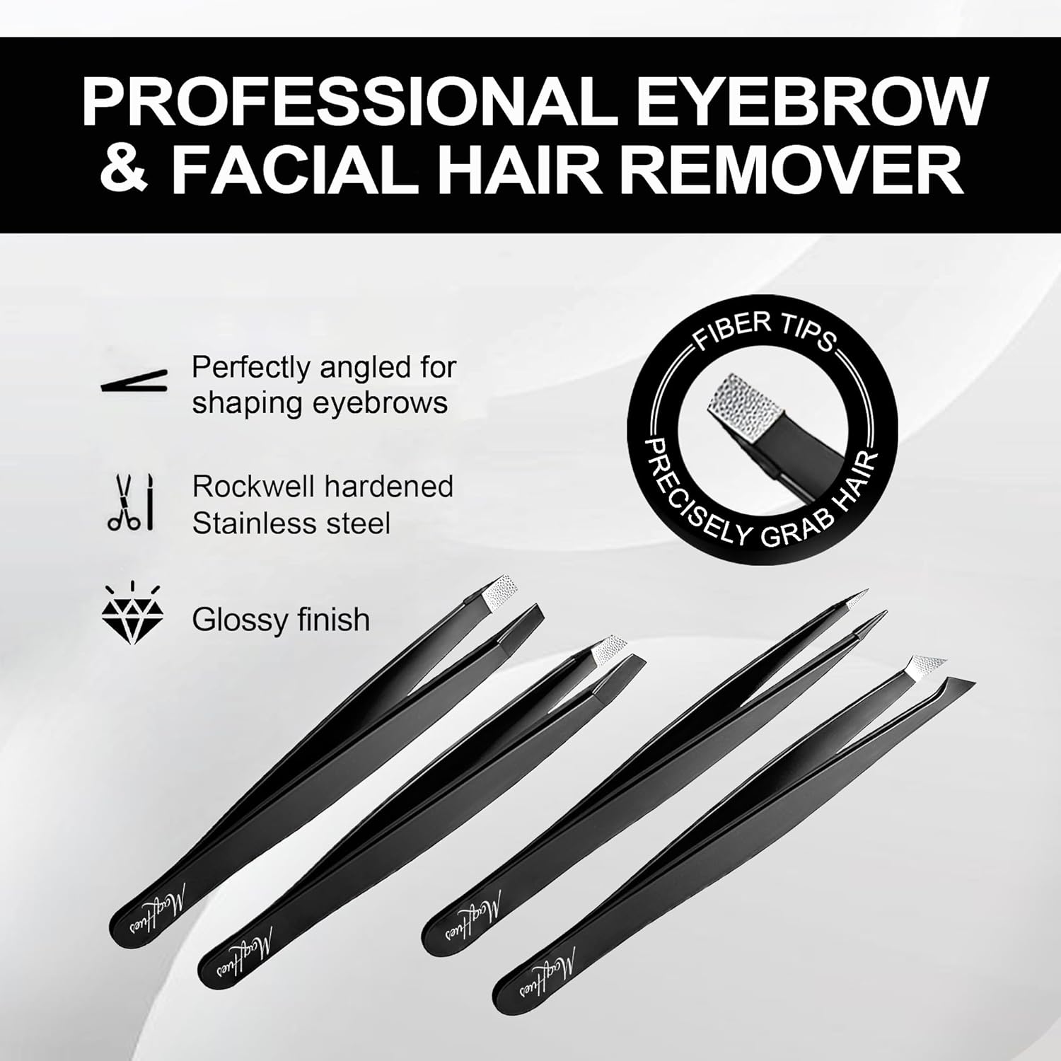 Fiber Tip Eyebrow Tweezers Set for Women & Men, 4 Pcs Professional Stainless Steel Tweezer Kit with Slant, Pointed, Flat & Pointed-Slant Tips for Facial Hair & Eyebrow Removal (Black)