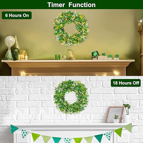 Miniatura 5 de TURNMEON Decoración del día de San Patricio corona de tréboles para puerta delantera 20 luces cálidas trébol funciona con pilas corona artificial de