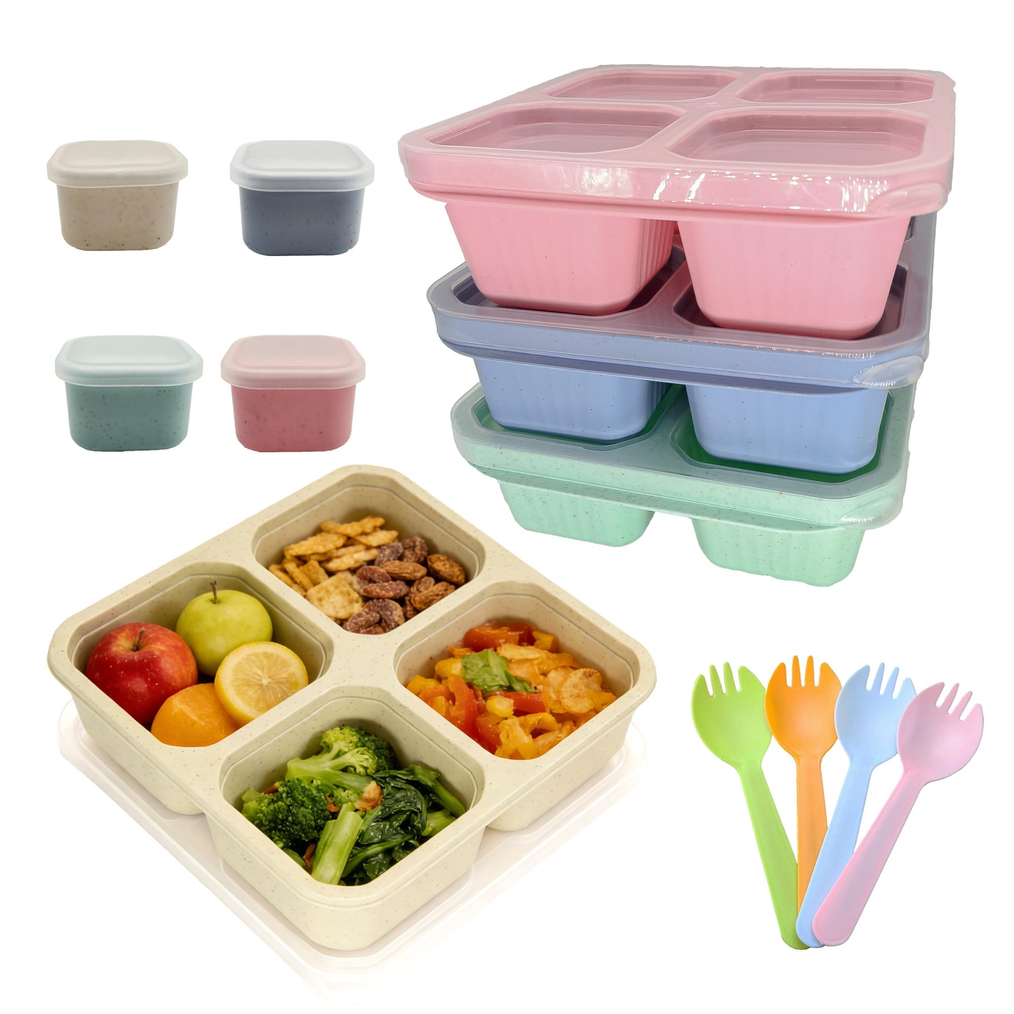 4 Pcs Snack Box Containers Set Reusable 4 Compartment Lunchable Container with 4 Sauce Pots Stackable BPA-Free Bento