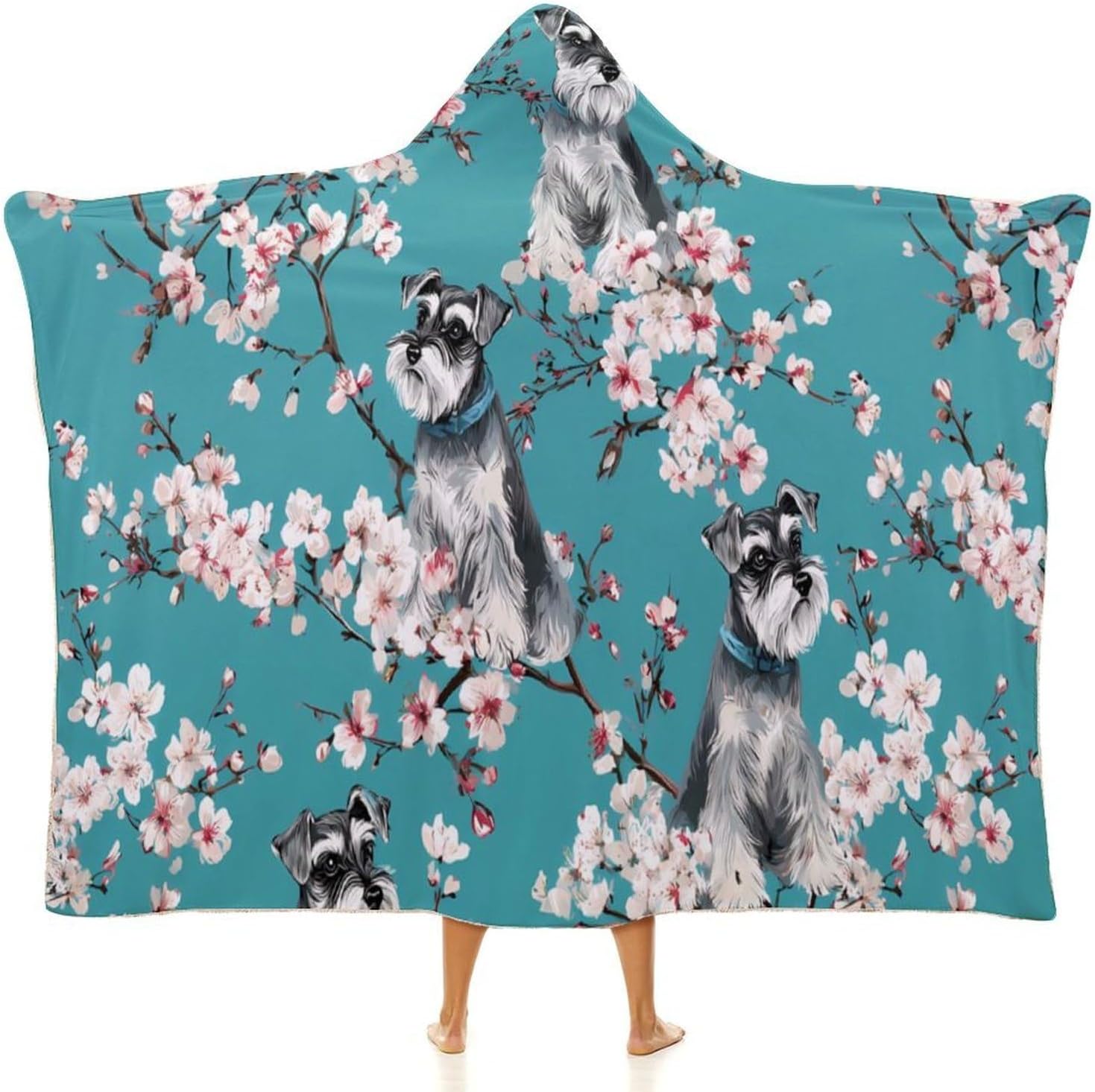 Schnauzer Cherries Flower Wearable Blanket Hoodie | Flannel Fuzzy Machine Washable Home Camping Lounging