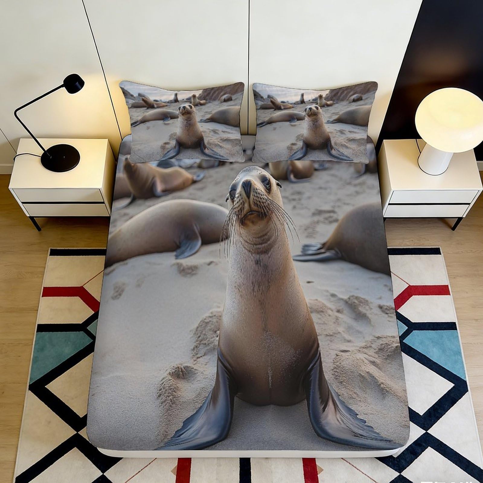 3D Printed Sea Lion Pattern Fitted Sheet Microfiber Deep Pocket Non-Slip Bedroom Sea Lion Mattress Fitted Cover 140x200x25cm