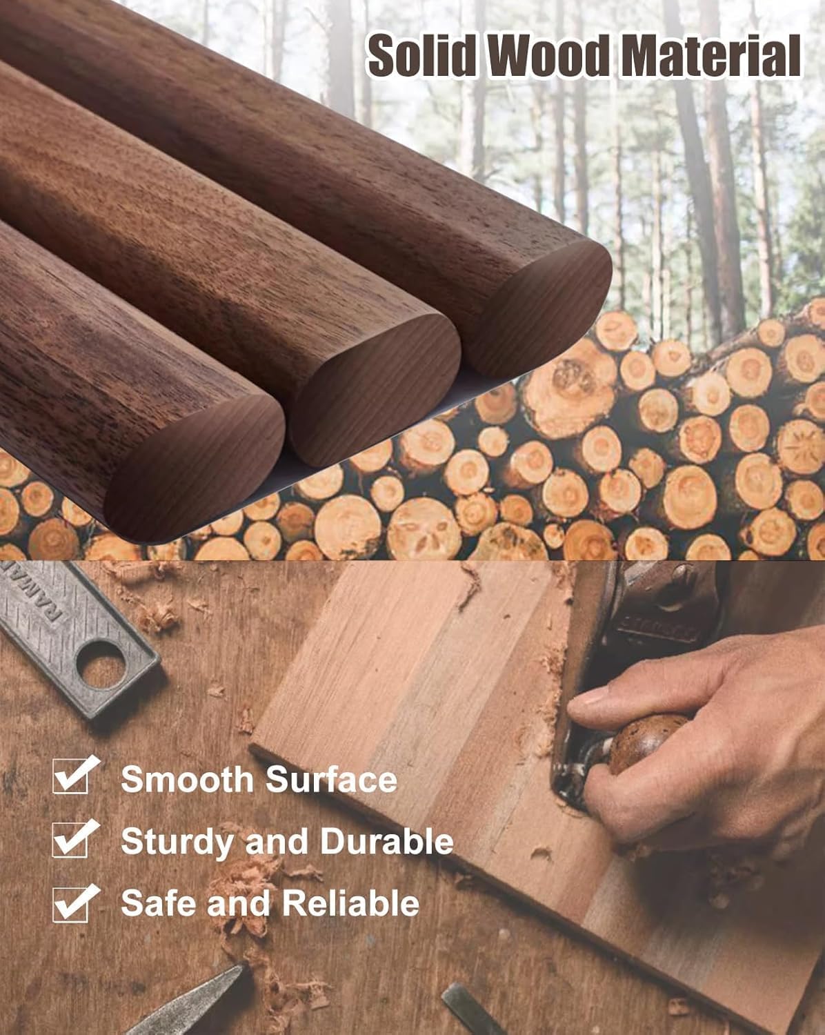 Closet Rods Natural Wood Oval Wardrobe Rail with End Support Heavy Duty Clothes Hanging Rod for Closet Easy to Install 130cm Dark Wood