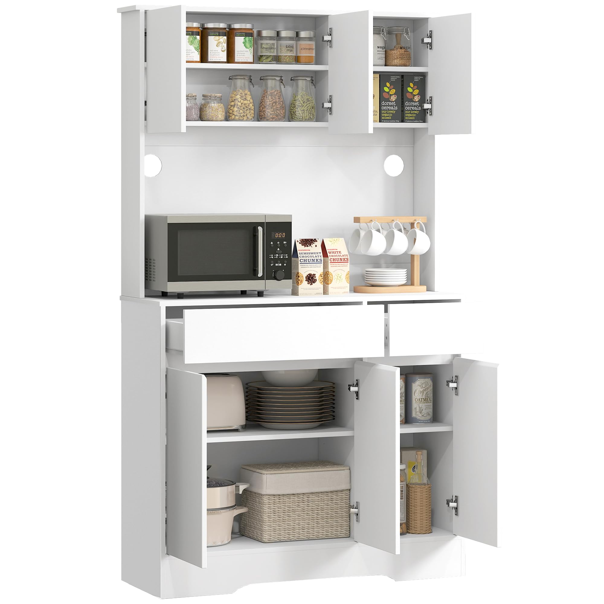 HOMCOM Credenza Cucina Alta con 6 Ante e 2 Cassetti, Mobile Cucina con Passacavi, Mobile Dispensa con Ripiani Regolabili e Piano per Microonde, per Sala da Pranzo e Soggiorno, 100x38x180 cm, Bianco