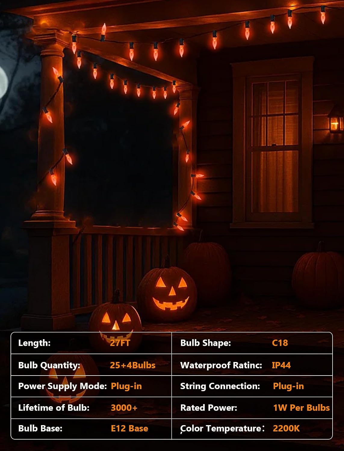 Halloween Orange Flickering Flame String Lights - 27.8 Ft, 25 C7 Bulbs, UL Listed & Waterproof, Perfect for Outdoor Halloween Decorations, Haunted House, Fall & Party Decor