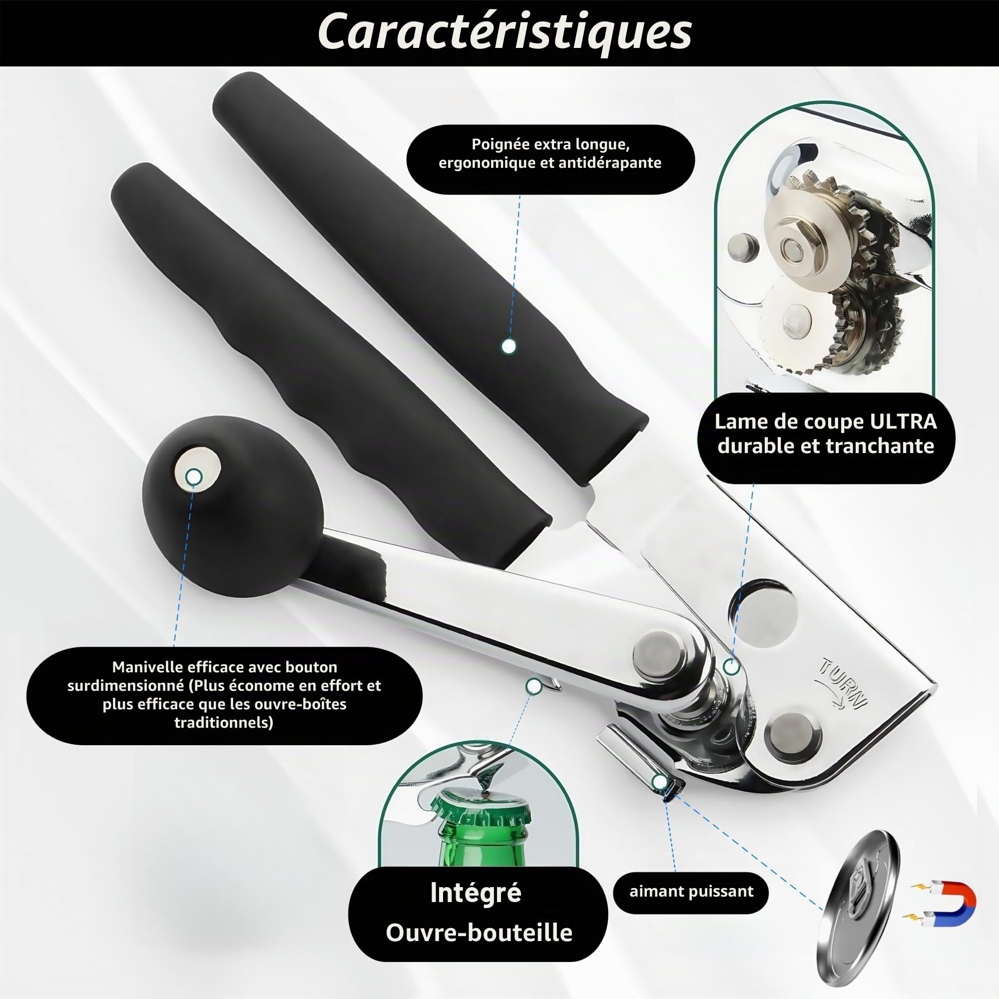 Ouvre-boîte en acier inoxydable professionnel manche confortable bord lisse Noir