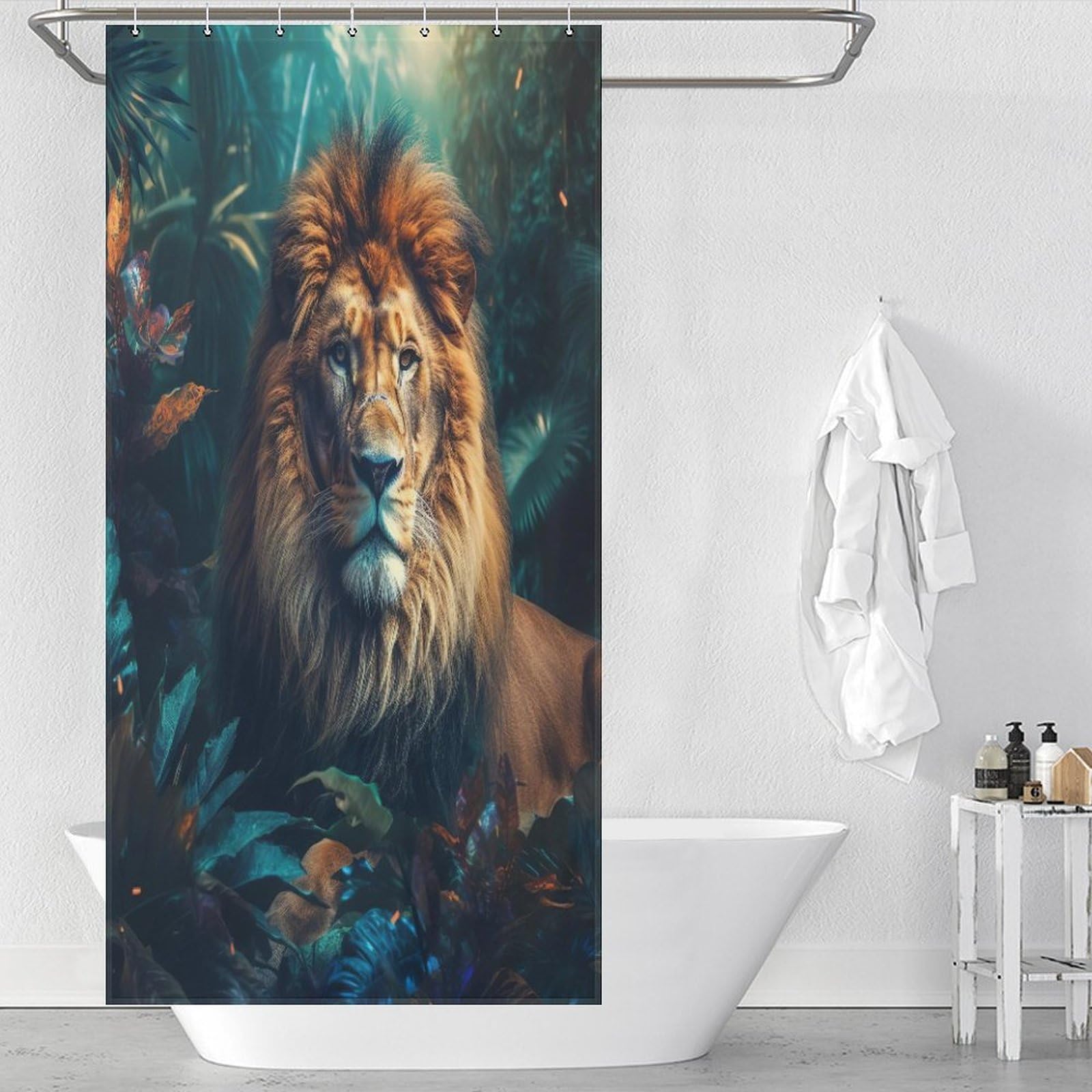 Rideau de douche séchage rapide au motif lion, tissu imperméable et lavable