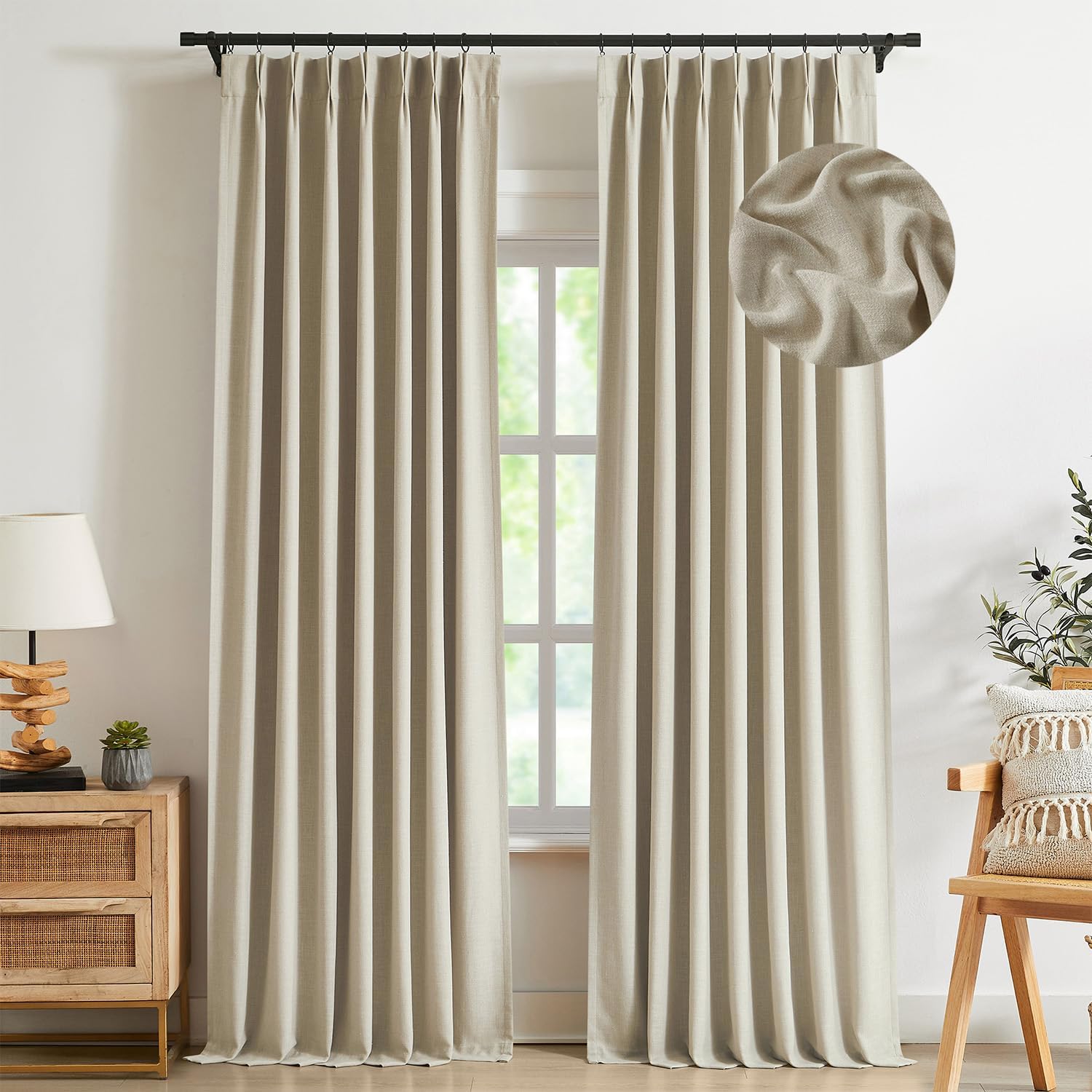Kayne Studio Sand Pinch Pleated Full Blackout Curtains, Linen Blend Room Darkening Thermal Insulated Soundproof Drapes, 95 Inch Back Tab Window Curtains for Living Room Bedroom (2 Panels, 40"x95")