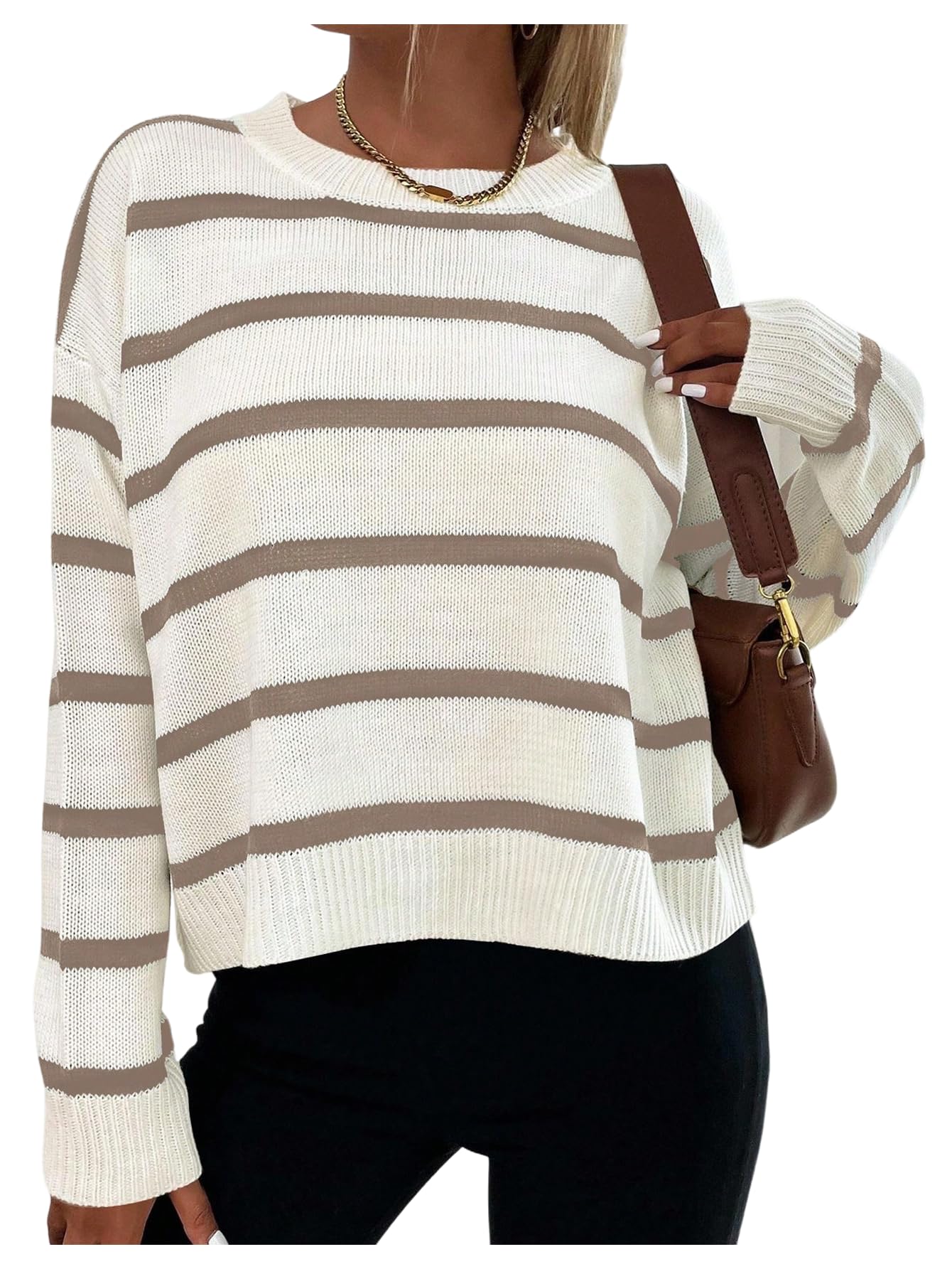 gorglitter Women's Striped Drop Shoulder Sweater Oversized Crew Neck Knit Sweaters Pullover Top-picture-29